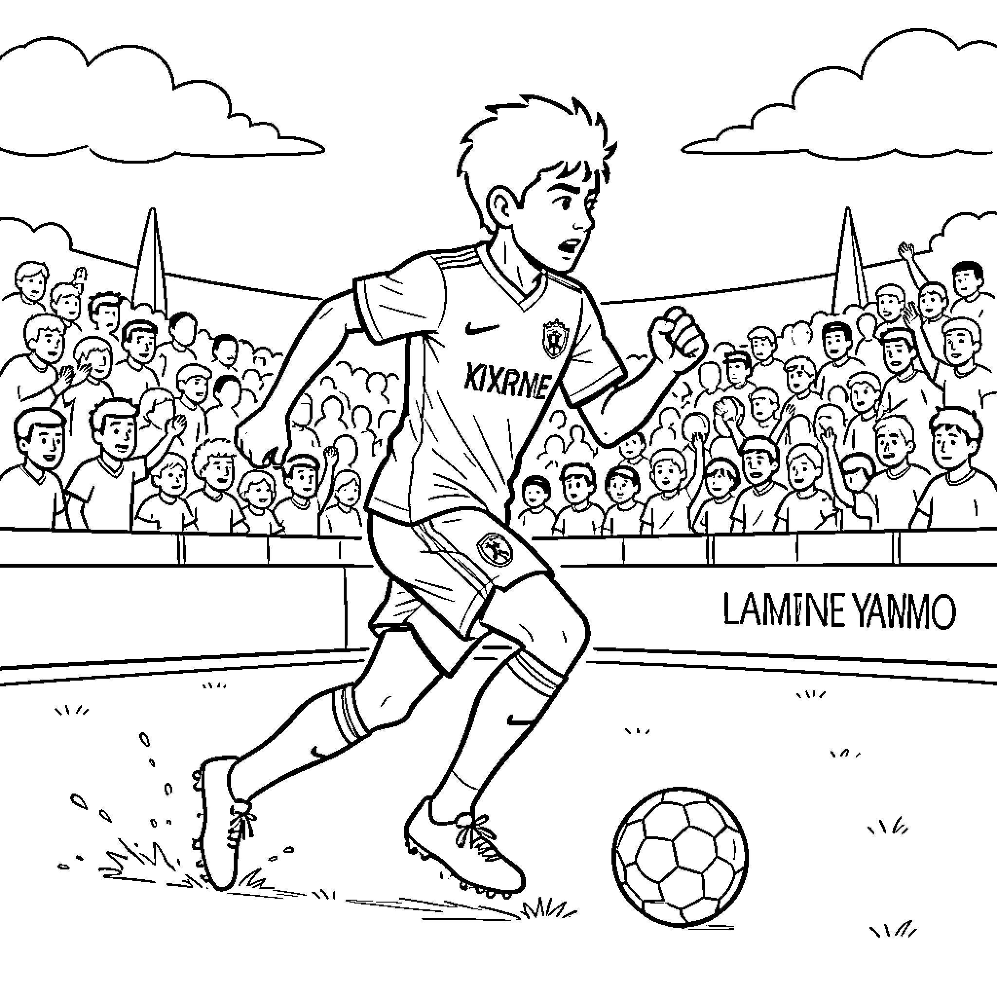 Lamine Yamal dribbling a soccer ball during a match Coloring Page (free black-and-white line drawing printable PDF for all, from beginners to advanced learners, including children, teens, adults, and seniors)