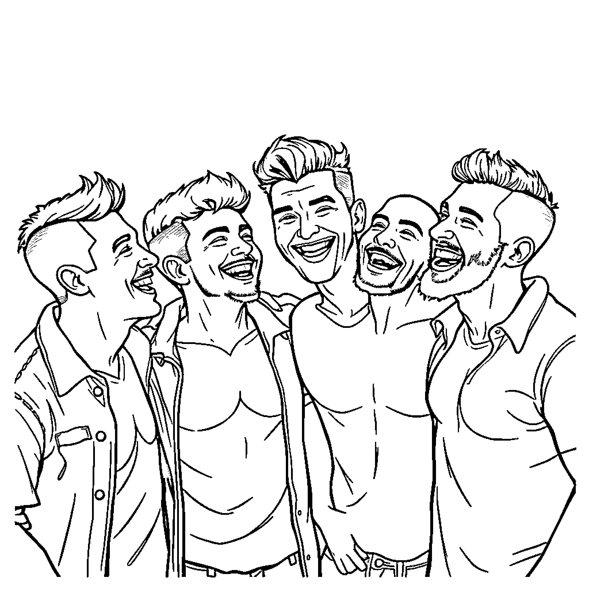 Guy laughs with friends in casual group portrait Coloring Page (free black-and-white line drawing printable PDF for all, from beginners to advanced learners, including children, teens, adults, and seniors)