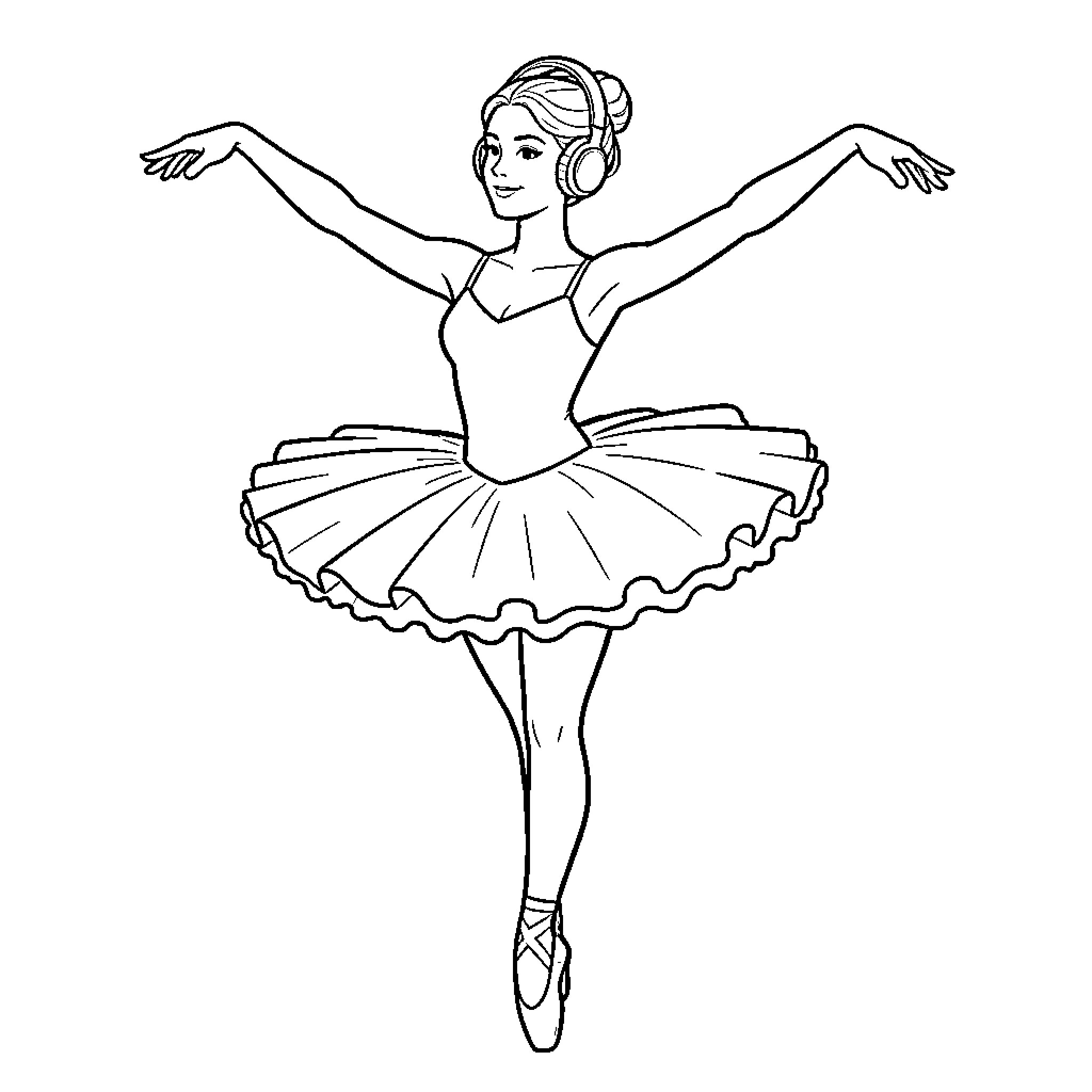 Ballerina performing graceful dance moves Coloring Page (free black-and-white line drawing printable PDF for all, from beginners to advanced learners, including children, teens, adults, and seniors)
