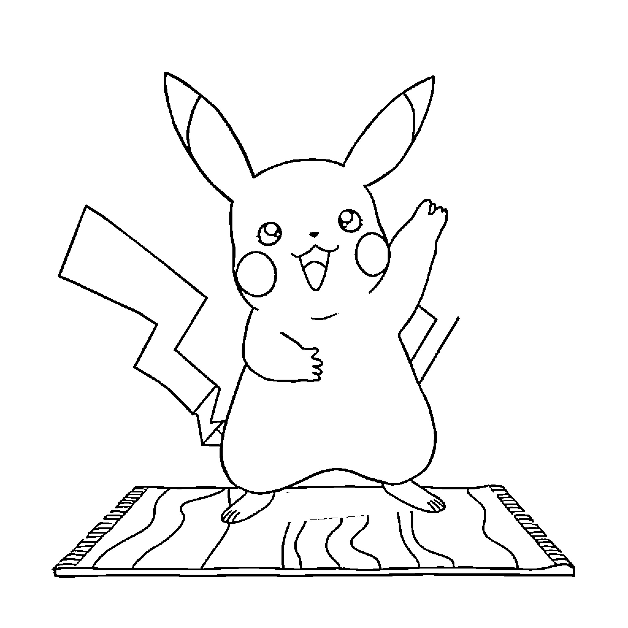 Pikachu posing on a patterned rug Coloring Page (free black-and-white line drawing printable PDF for all, from beginners to advanced learners, including children, teens, adults, and seniors)