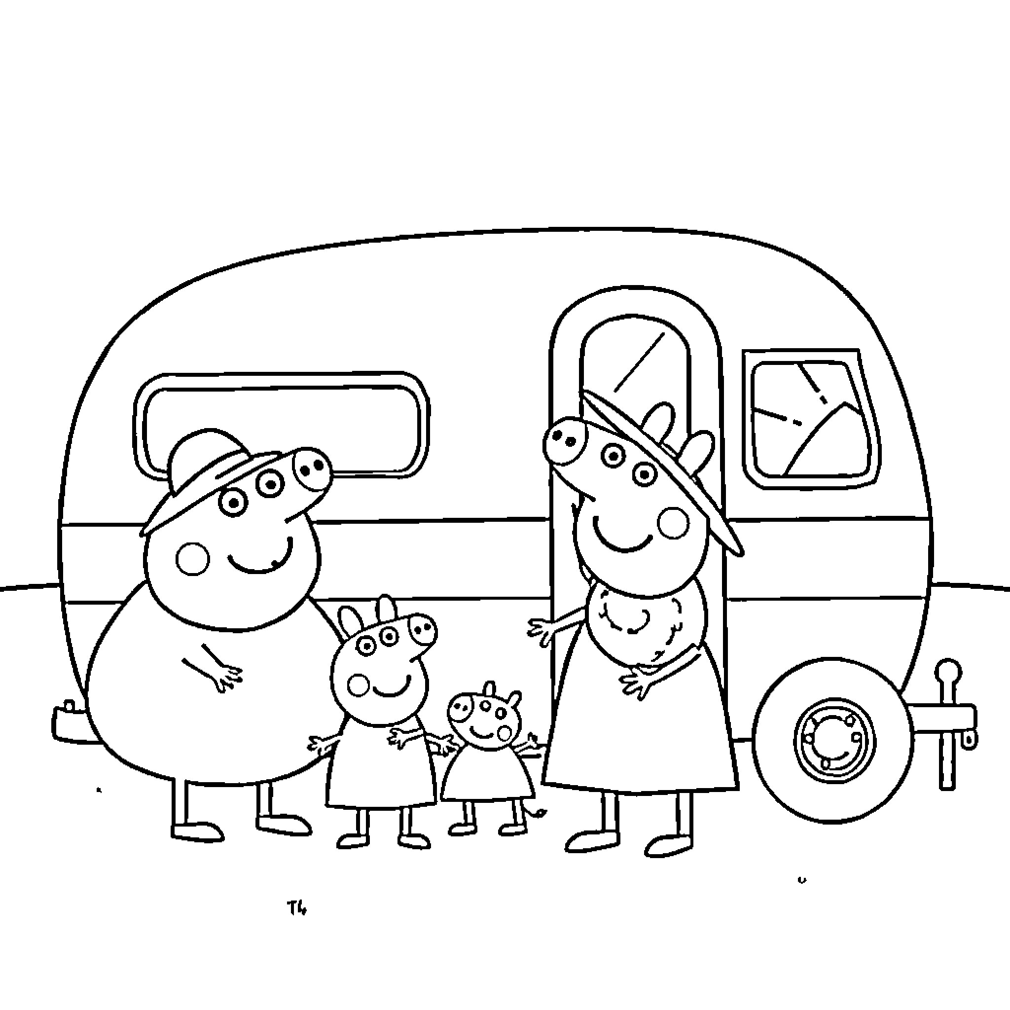 Peppa Pig family enjoying a camping trip Coloring Page (free black-and-white line drawing printable PDF for all, from beginners to advanced learners, including children, teens, adults, and seniors)