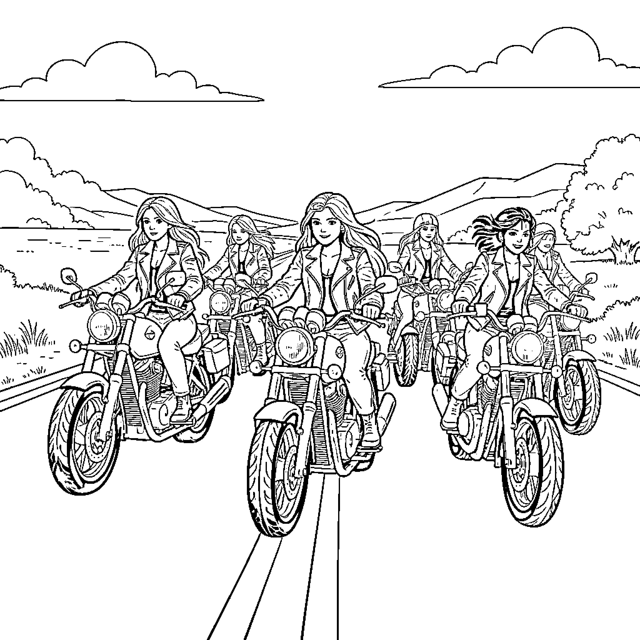 Woman riding motorcycles together on an open road Coloring Page (free black-and-white line drawing printable PDF for all, from beginners to advanced learners, including children, teens, adults, and seniors)