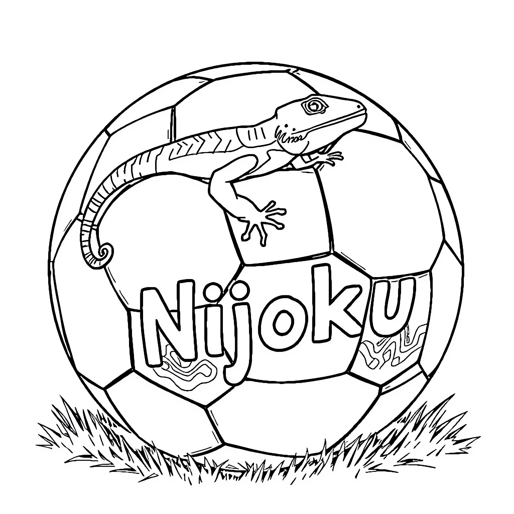 Soccer player lizard on a soccer ball Coloring Page (free black-and-white line drawing printable PDF for all, from beginners to advanced learners, including children, teens, adults, and seniors)