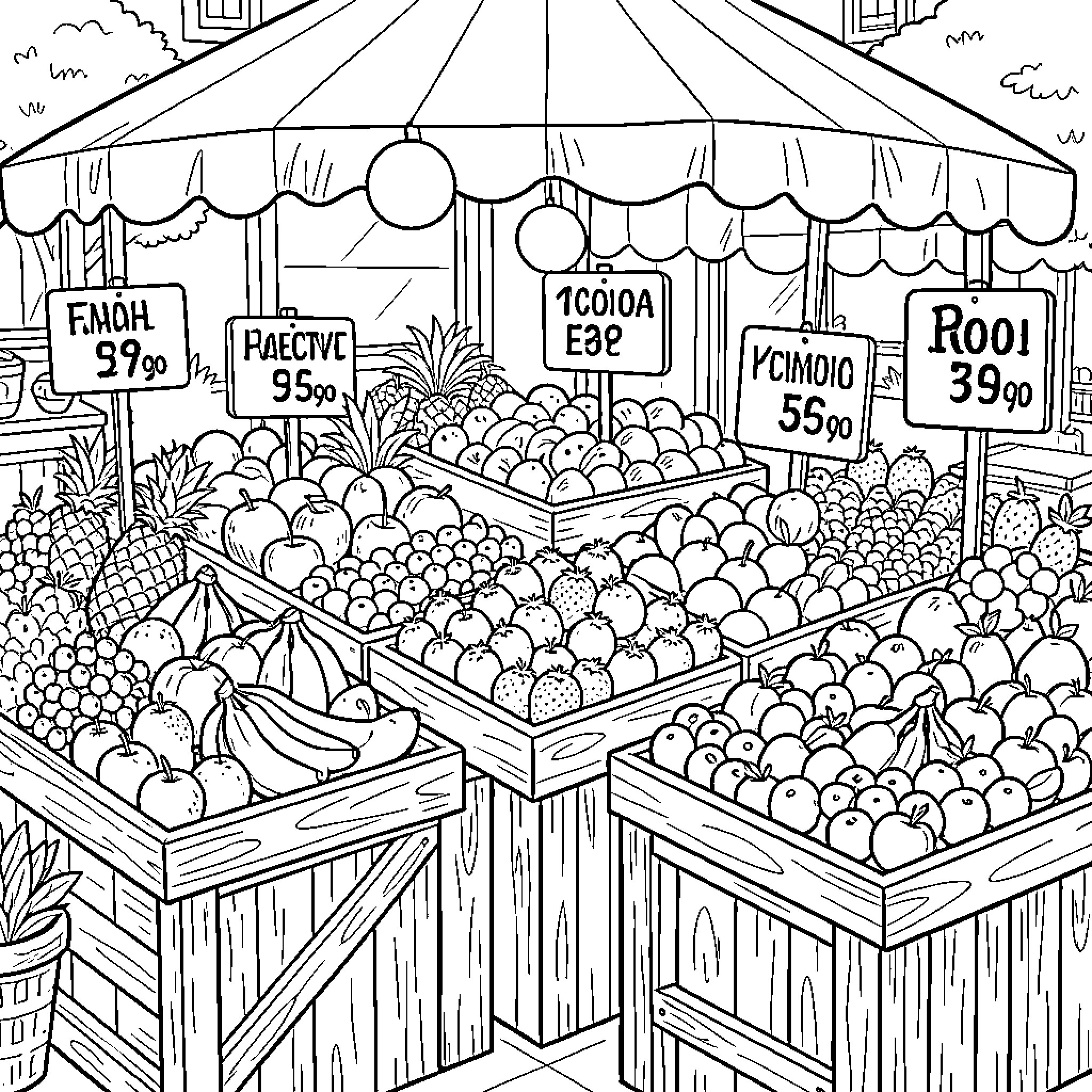Fruit Market Stalls with Produce Displays Coloring Page (free black-and-white line drawing printable PDF for all, from beginners to advanced learners, including children, teens, adults, and seniors)