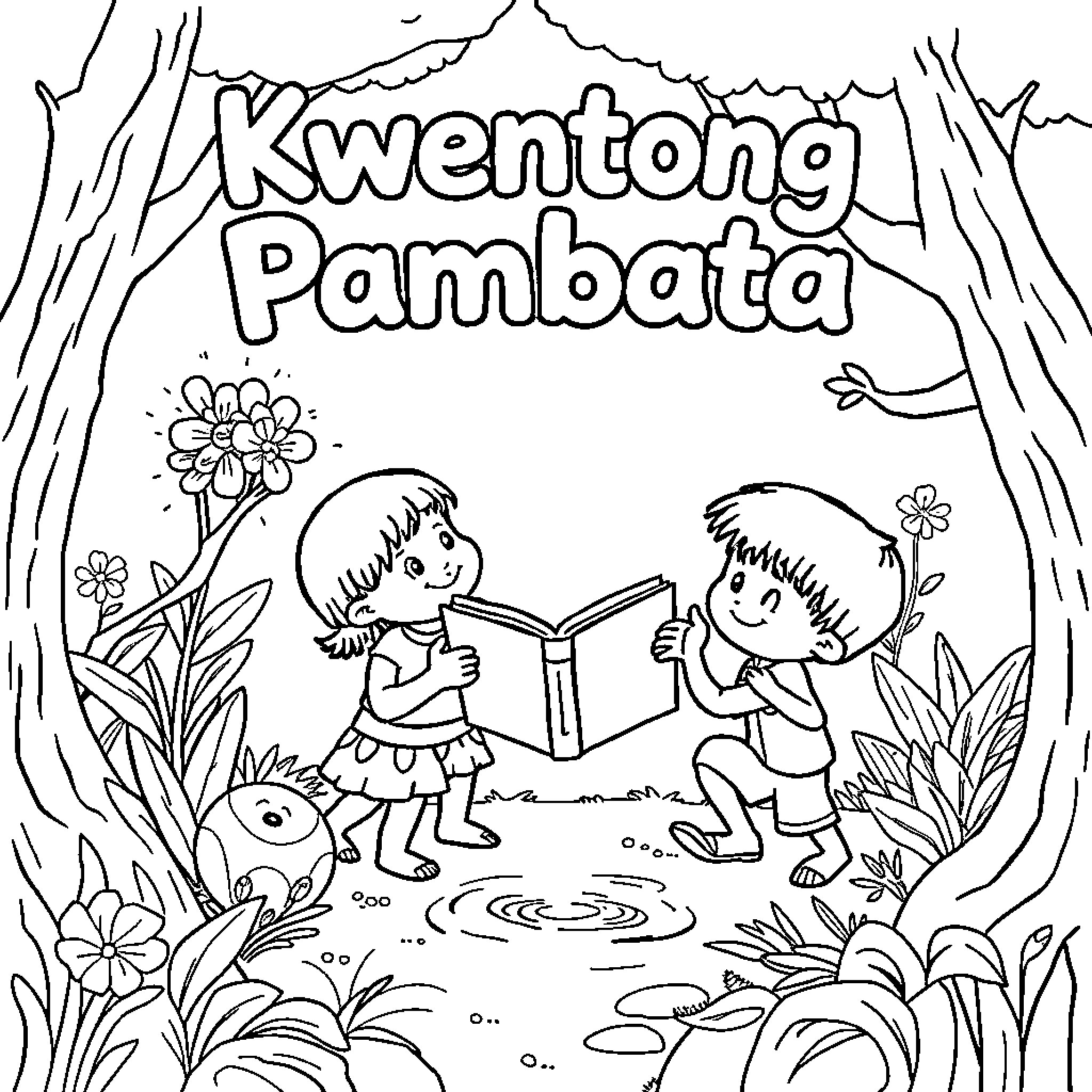 Kwentong Pambata: Children reading and exploring nature Coloring Page (free black-and-white line drawing printable PDF for all, from beginners to advanced learners, including children, teens, adults, and seniors)