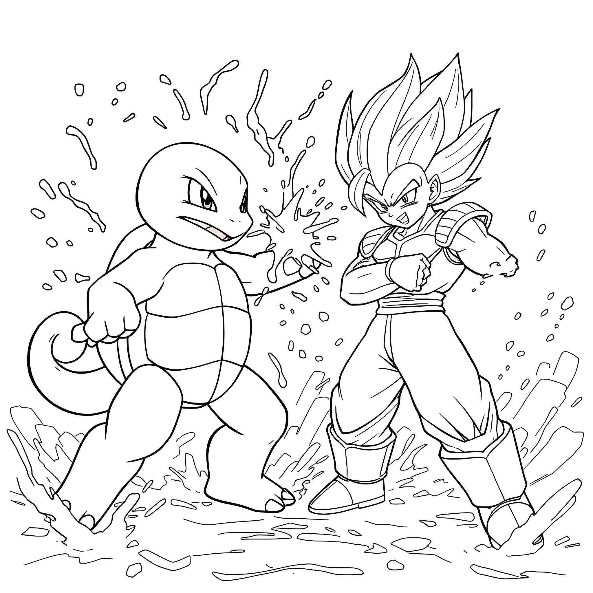 Squirtle fighting against a powerful Saiyan warrior Coloring Page (free black-and-white line drawing printable PDF for all, from beginners to advanced learners, including children, teens, adults, and seniors)