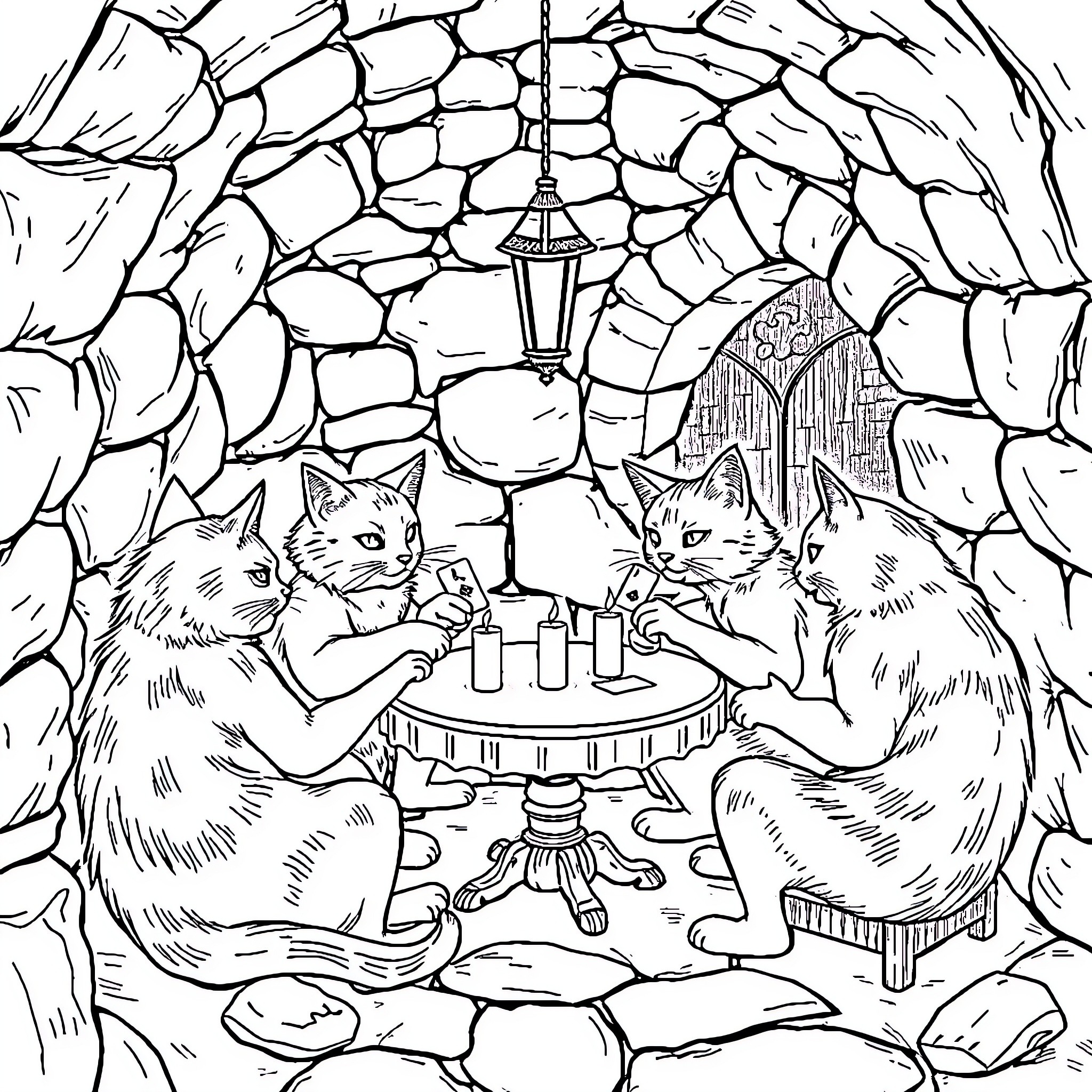 Cats Enjoying a Cozy Evening Indoors Coloring Page (free black-and-white line drawing printable PDF for all, from beginners to advanced learners, including children, teens, adults, and seniors)
