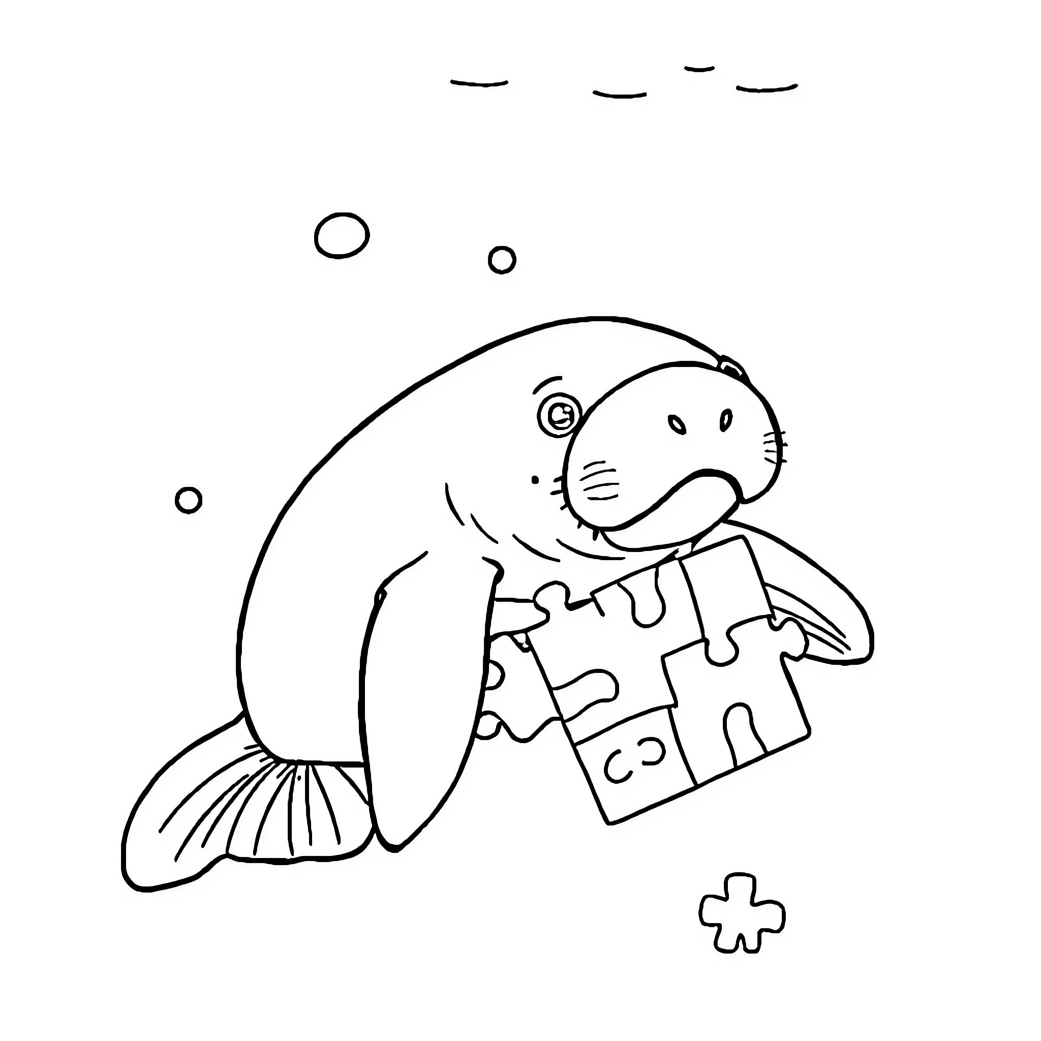 Manatee solving a puzzle underwater Coloring Page (free black-and-white line drawing printable PDF for all, from beginners to advanced learners, including children, teens, adults, and seniors)