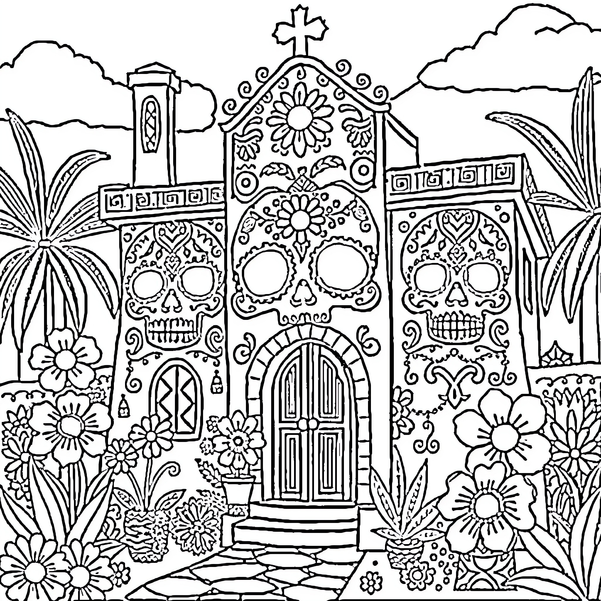 Skull House with Ornate Entryway in Floral Landscape Coloring Page (free black-and-white line drawing printable PDF for all, from beginners to advanced learners, including children, teens, adults, and seniors)