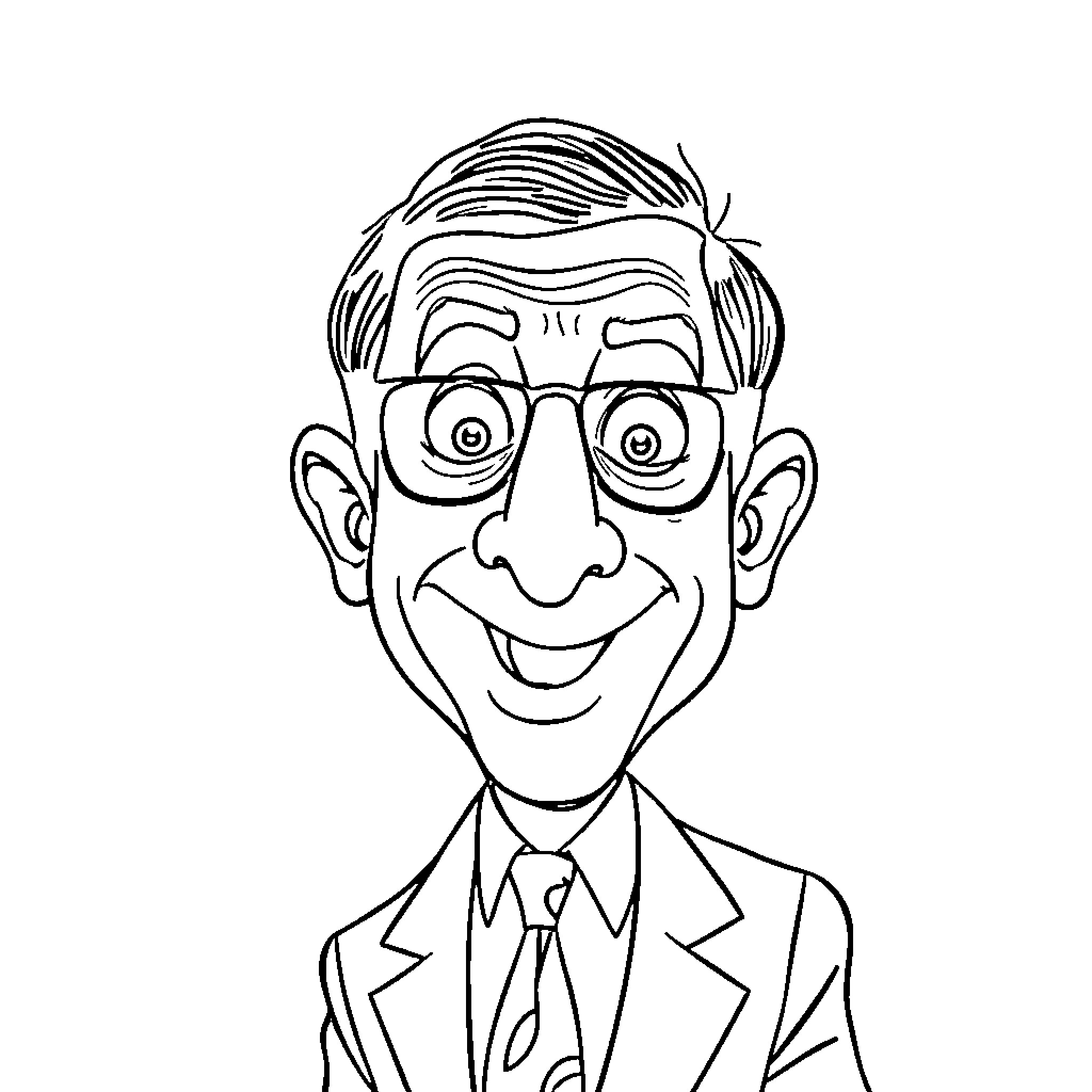 Mr Bean making a silly face in a suit Coloring Page (free black-and-white line drawing printable PDF for all, from beginners to advanced learners, including children, teens, adults, and seniors)