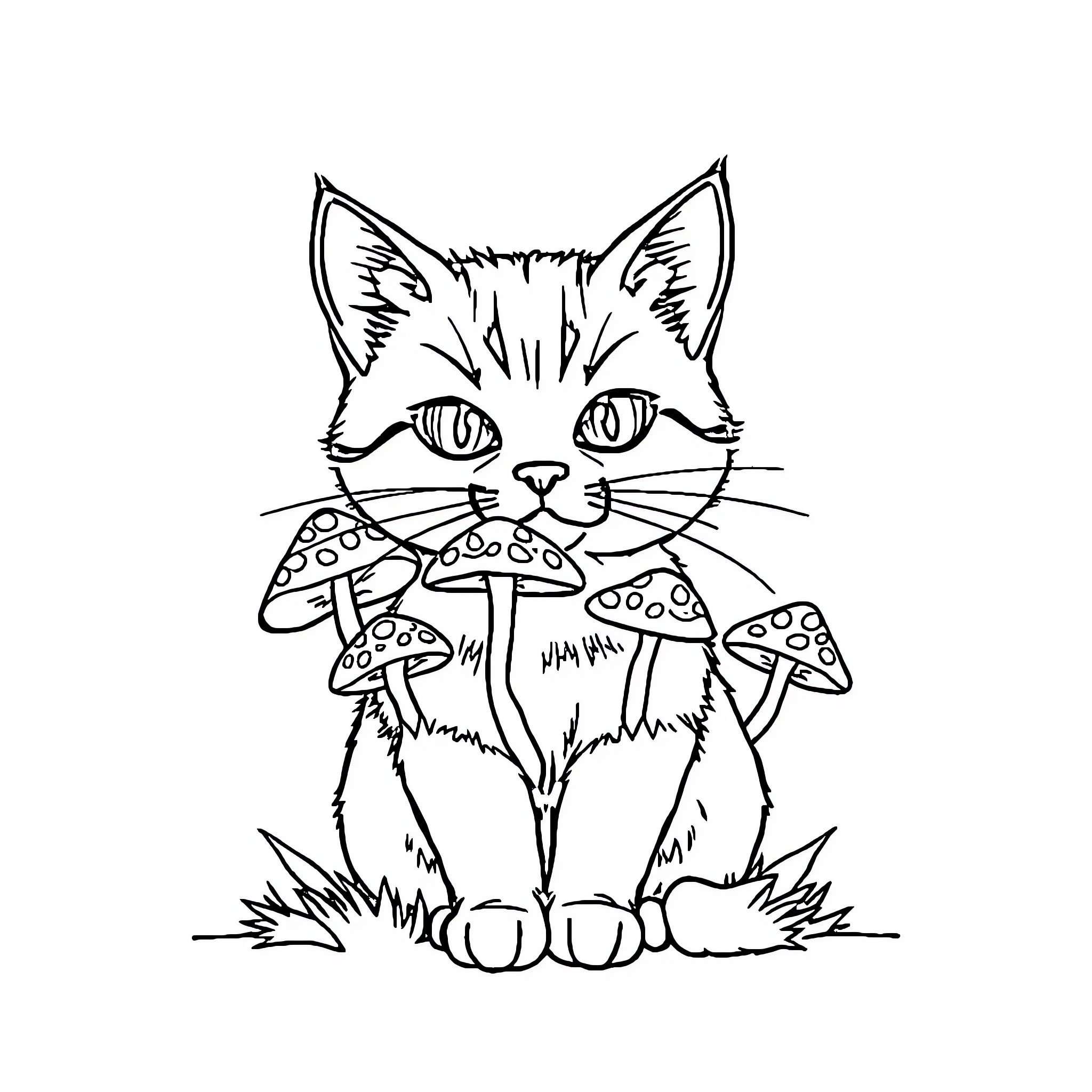 Mushroom Cat with Toadstool Outfit Coloring Page (free black-and-white line drawing printable PDF for all, from beginners to advanced learners, including children, teens, adults, and seniors)
