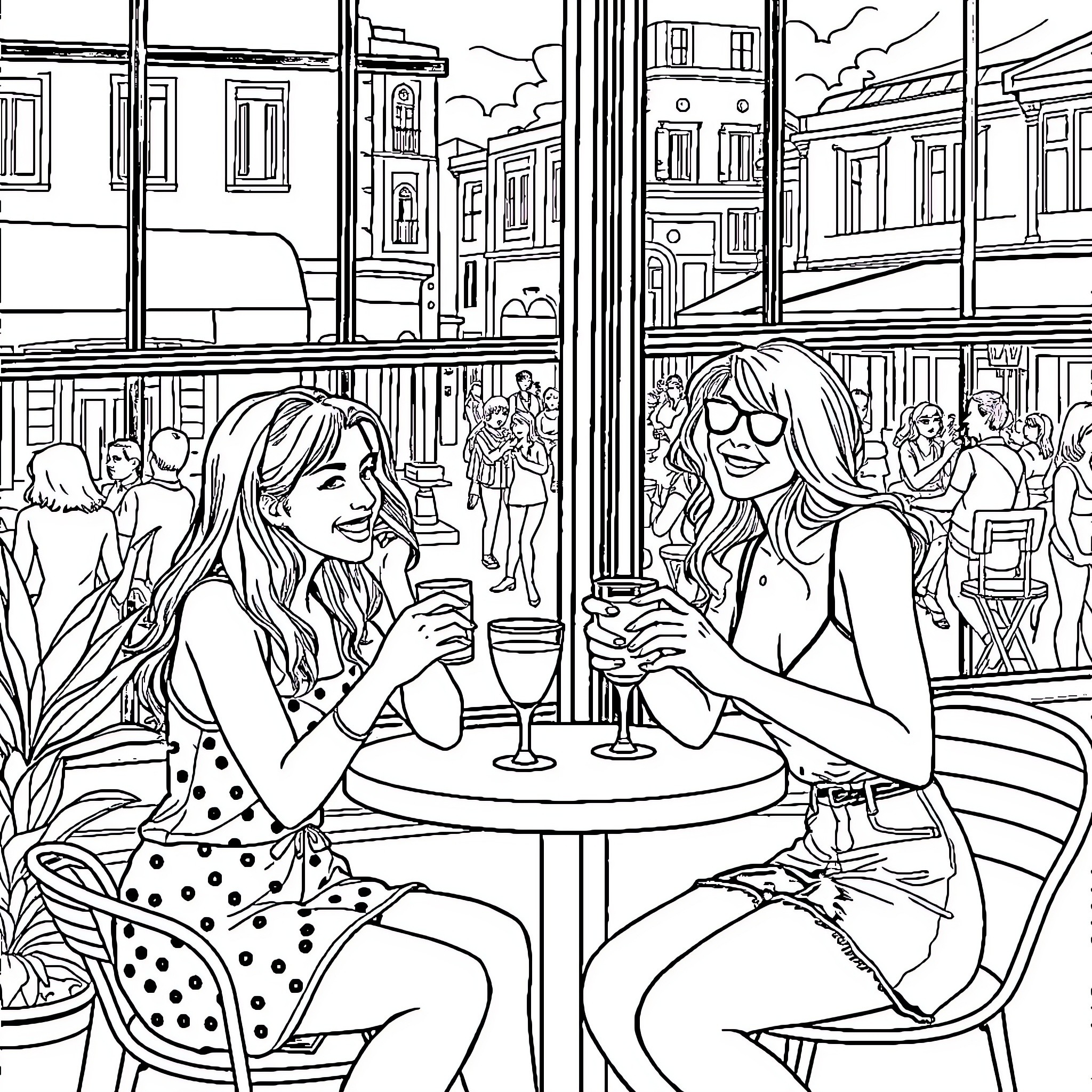 Women enjoying drinks at an outdoor cafe Coloring Page (free black-and-white line drawing printable PDF for all, from beginners to advanced learners, including children, teens, adults, and seniors)