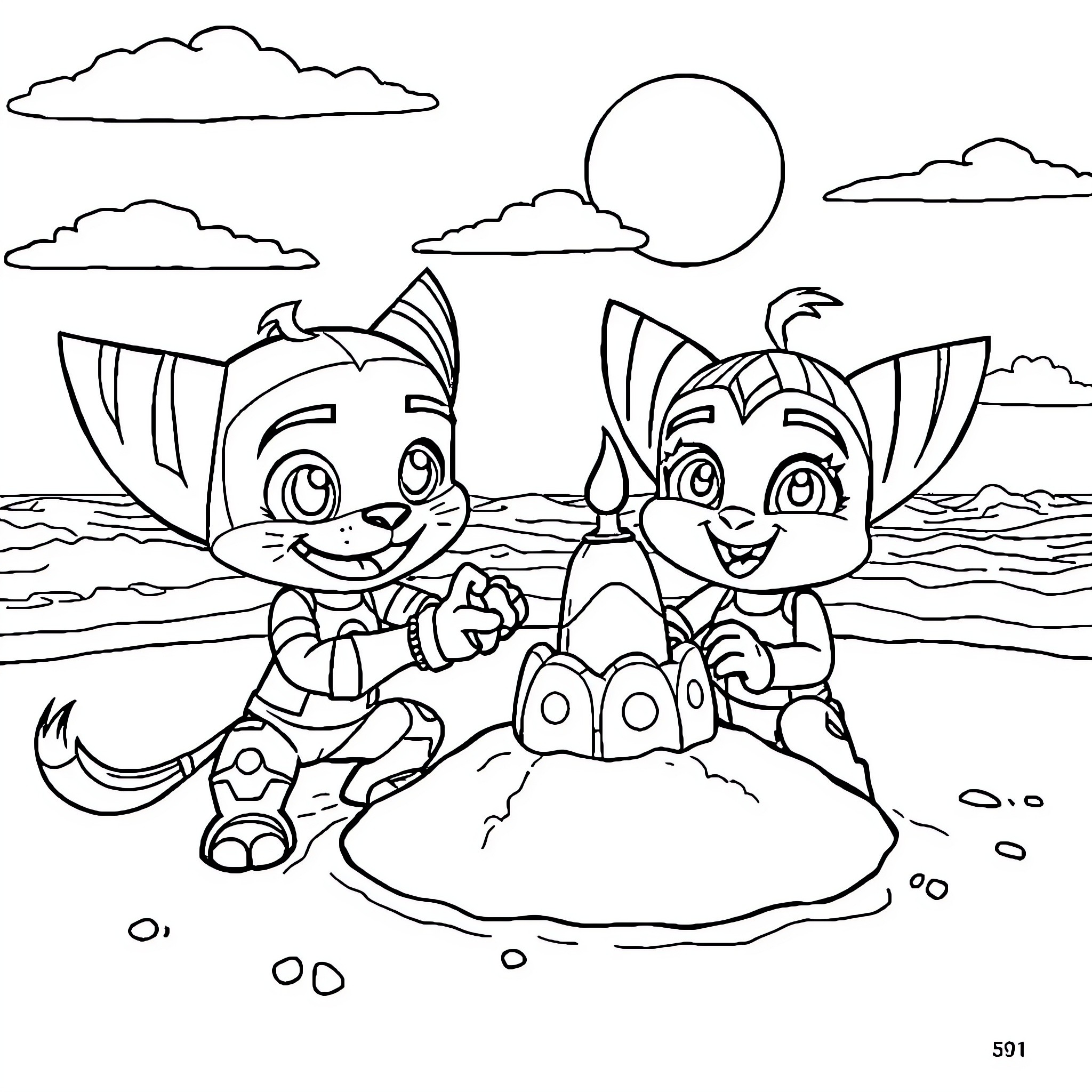 Ratchet and Clank playing happily on the beach Coloring Page (free black-and-white line drawing printable PDF for all, from beginners to advanced learners, including children, teens, adults, and seniors)