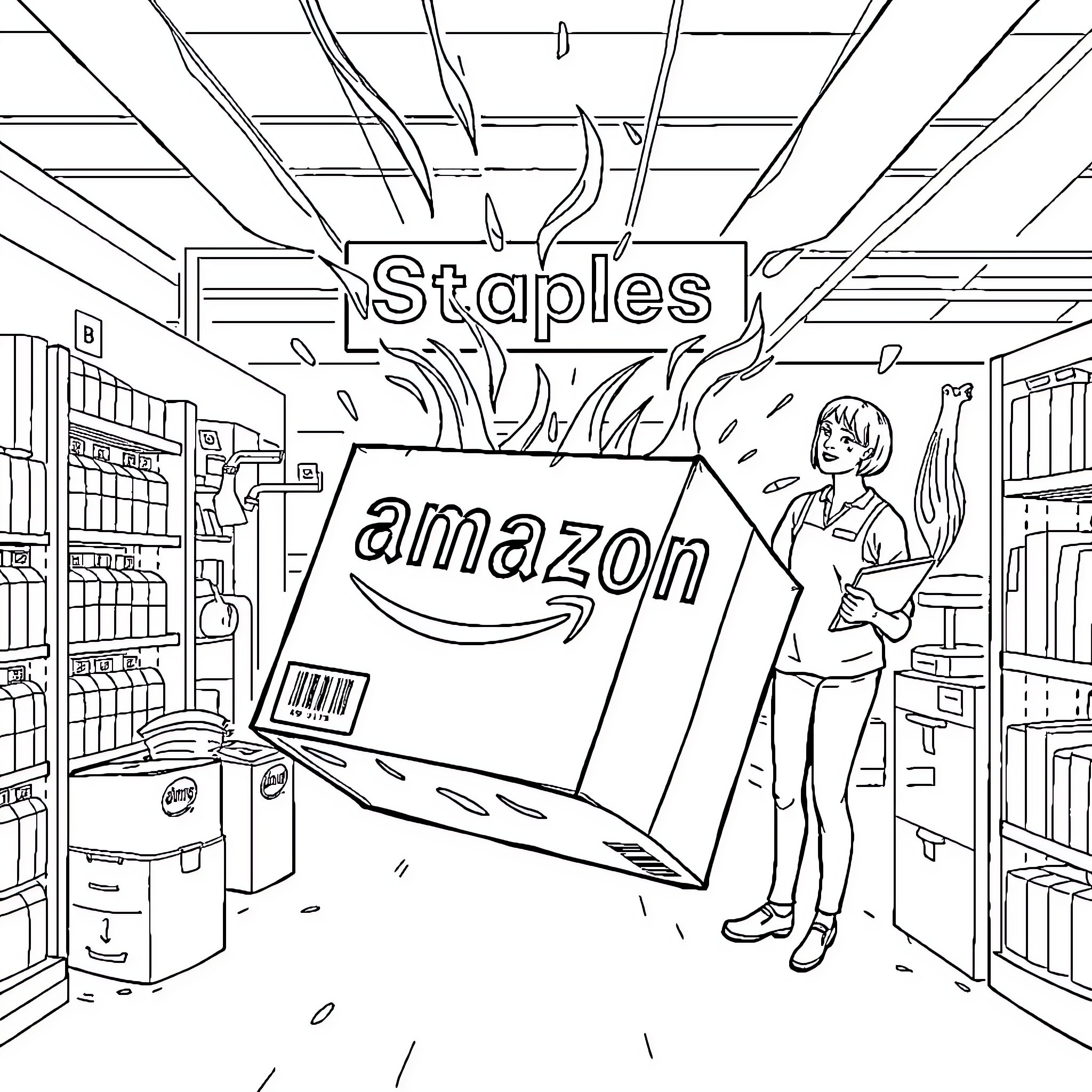 Amazon Return in a Store with Customer Coloring Page (free black-and-white line drawing printable PDF for all, from beginners to advanced learners, including children, teens, adults, and seniors)
