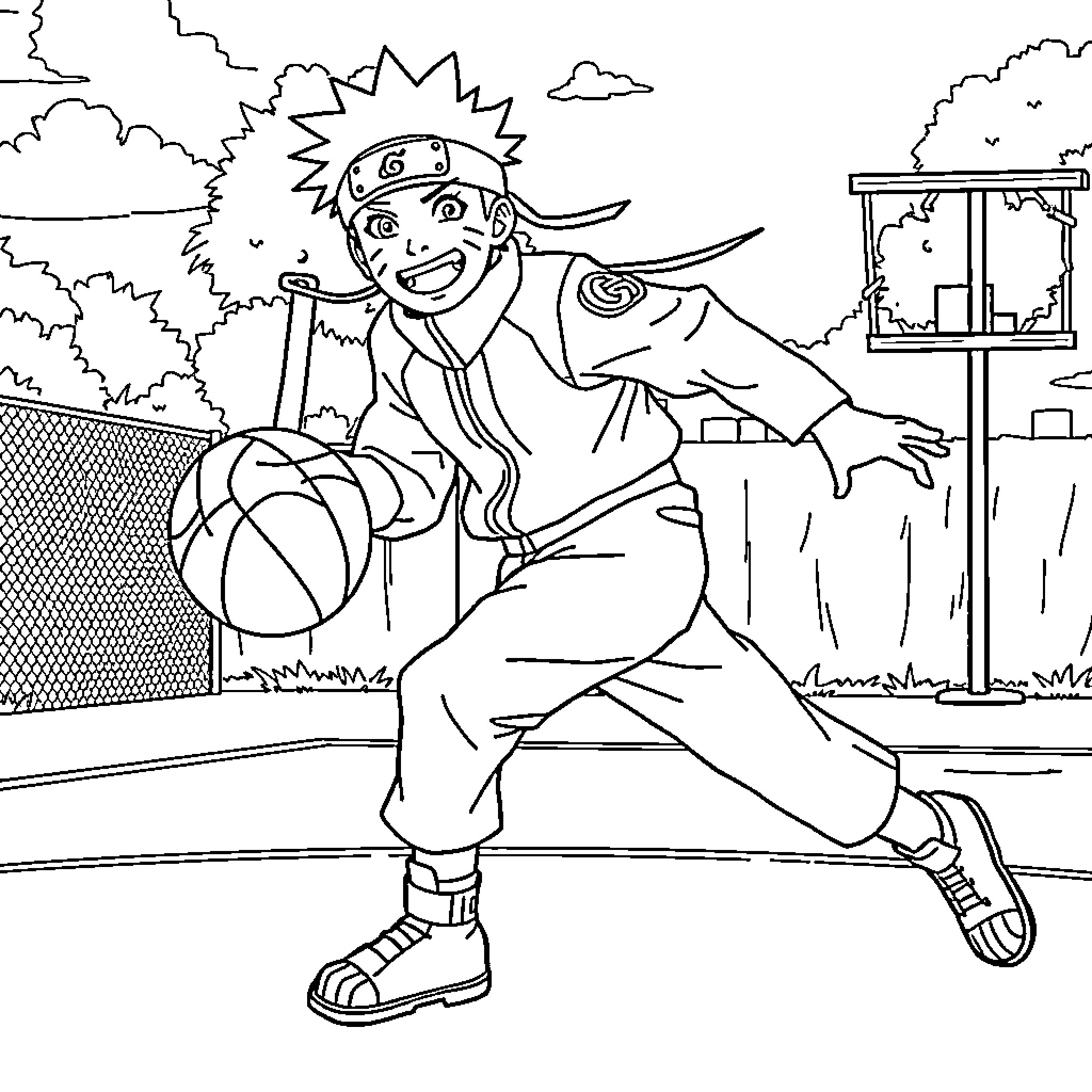 Naruto playing basketball with enthusiasm Coloring Page (free black-and-white line drawing printable PDF for all, from beginners to advanced learners, including children, teens, adults, and seniors)