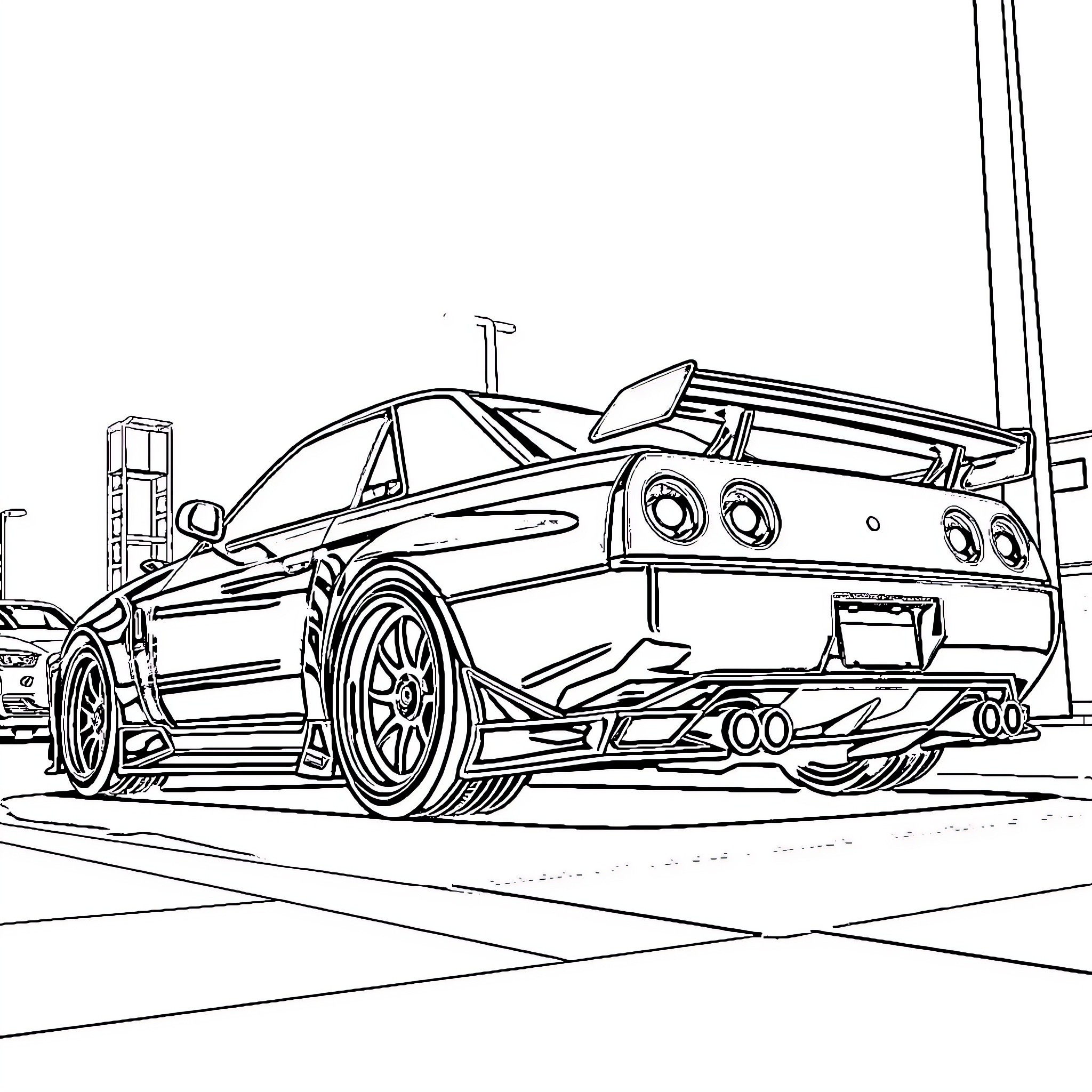 Nissan sports car on display Coloring Page (free black-and-white line drawing printable PDF for all, from beginners to advanced learners, including children, teens, adults, and seniors)