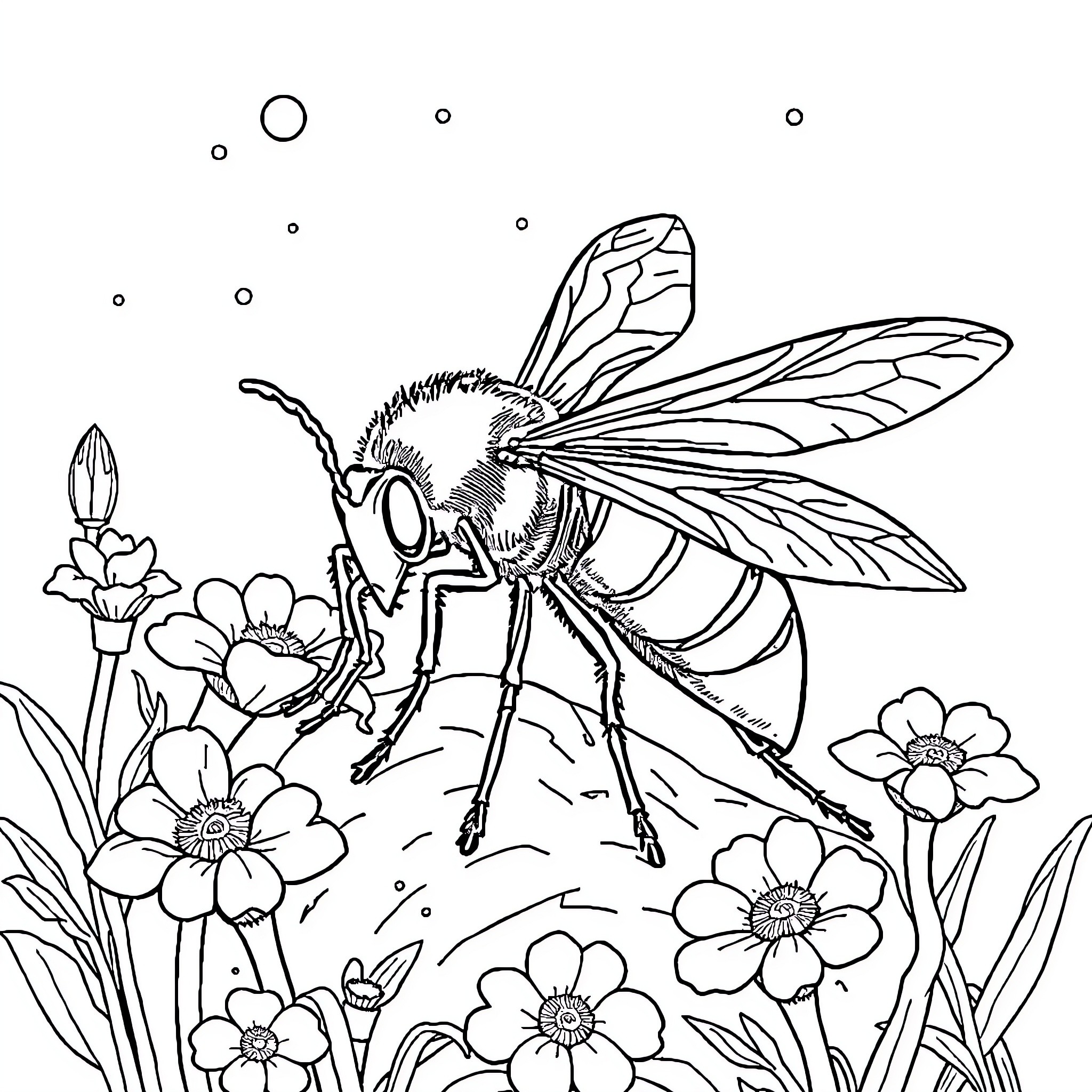Perezoso bee amidst blooming flowers Coloring Page (free black-and-white line drawing printable PDF for all, from beginners to advanced learners, including children, teens, adults, and seniors)