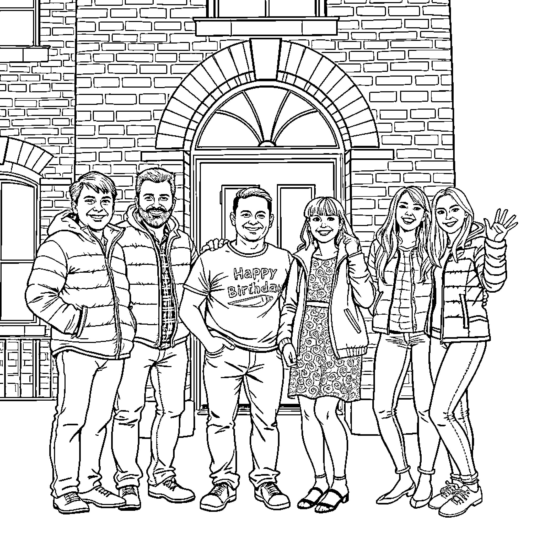Adult family celebrating birthday outside brick house Coloring Page (free black-and-white line drawing printable PDF for all, from beginners to advanced learners, including children, teens, adults, and seniors)