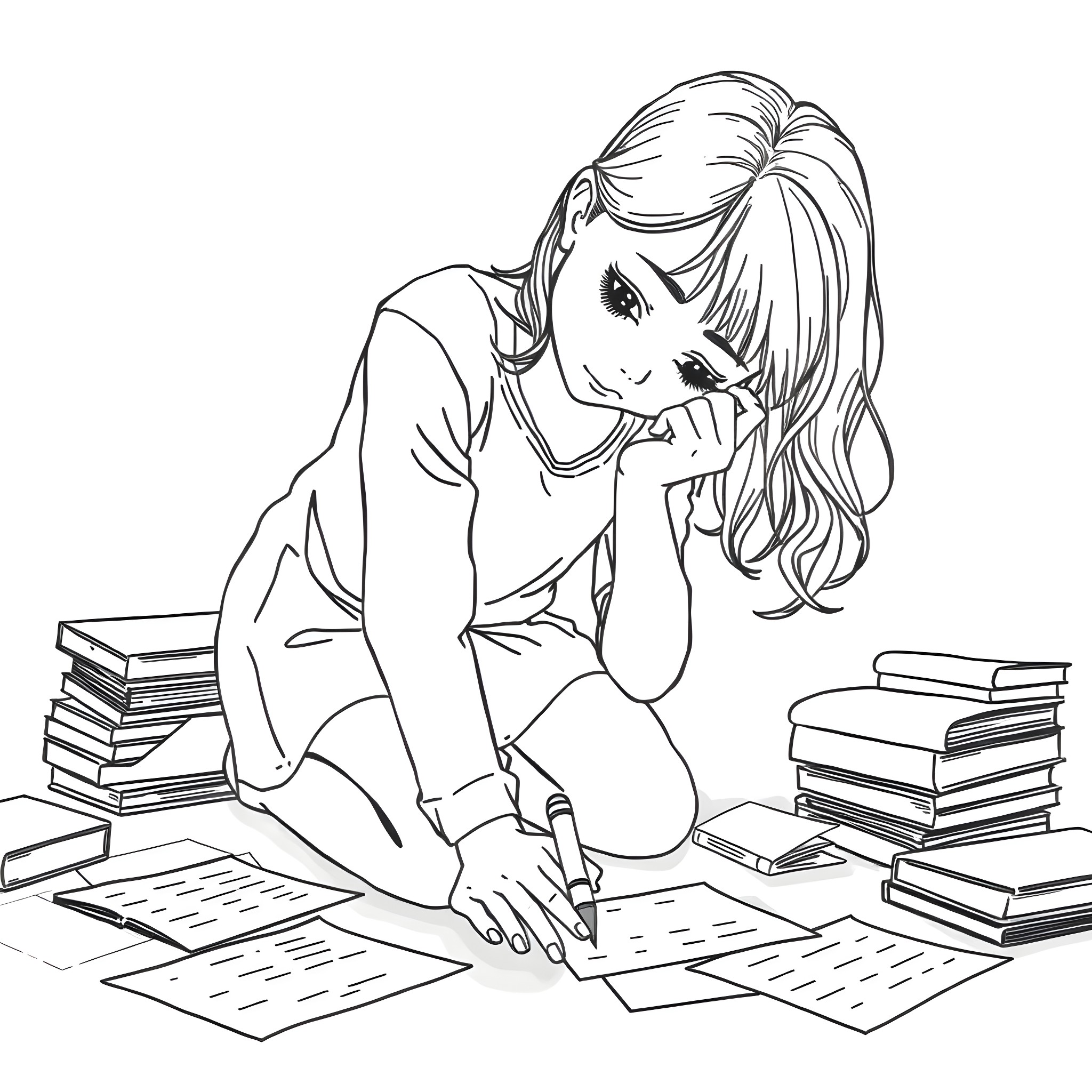 Girl studying diligently with books Coloring Page (free black-and-white line drawing printable PDF for all, from beginners to advanced learners, including children, teens, adults, and seniors)