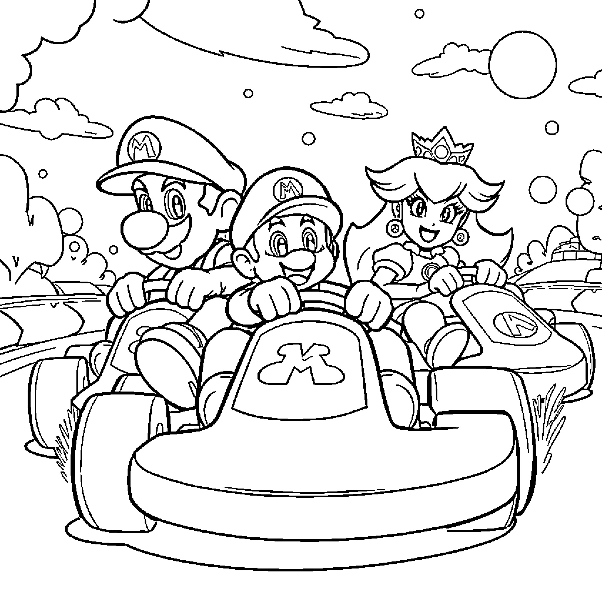 Mario Kart Trio Racing through the Clouds Coloring Page (free black-and-white line drawing printable PDF for all, from beginners to advanced learners, including children, teens, adults, and seniors)
