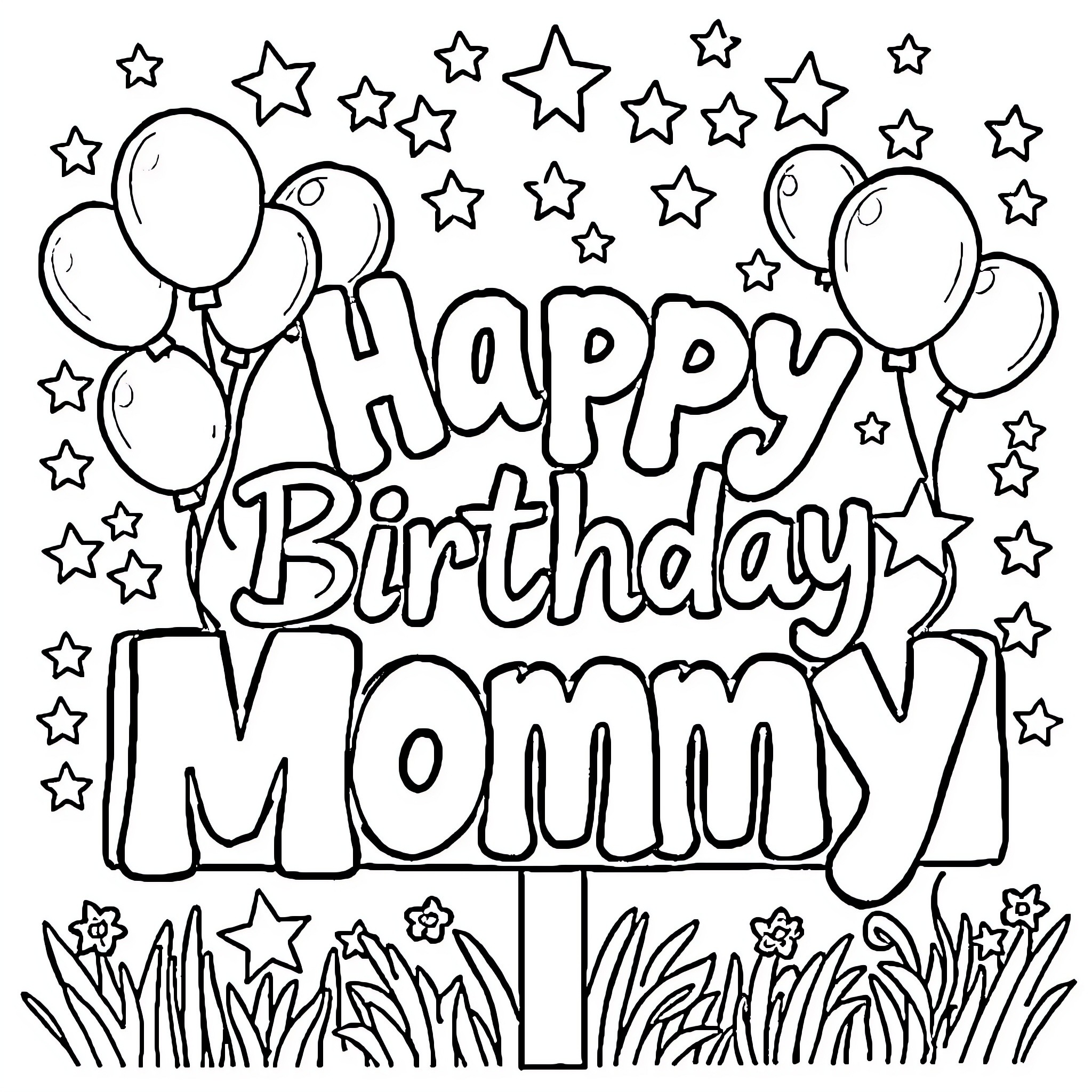 Birthday celebration with balloons and stars Coloring Page (free black-and-white line drawing printable PDF for all, from beginners to advanced learners, including children, teens, adults, and seniors)