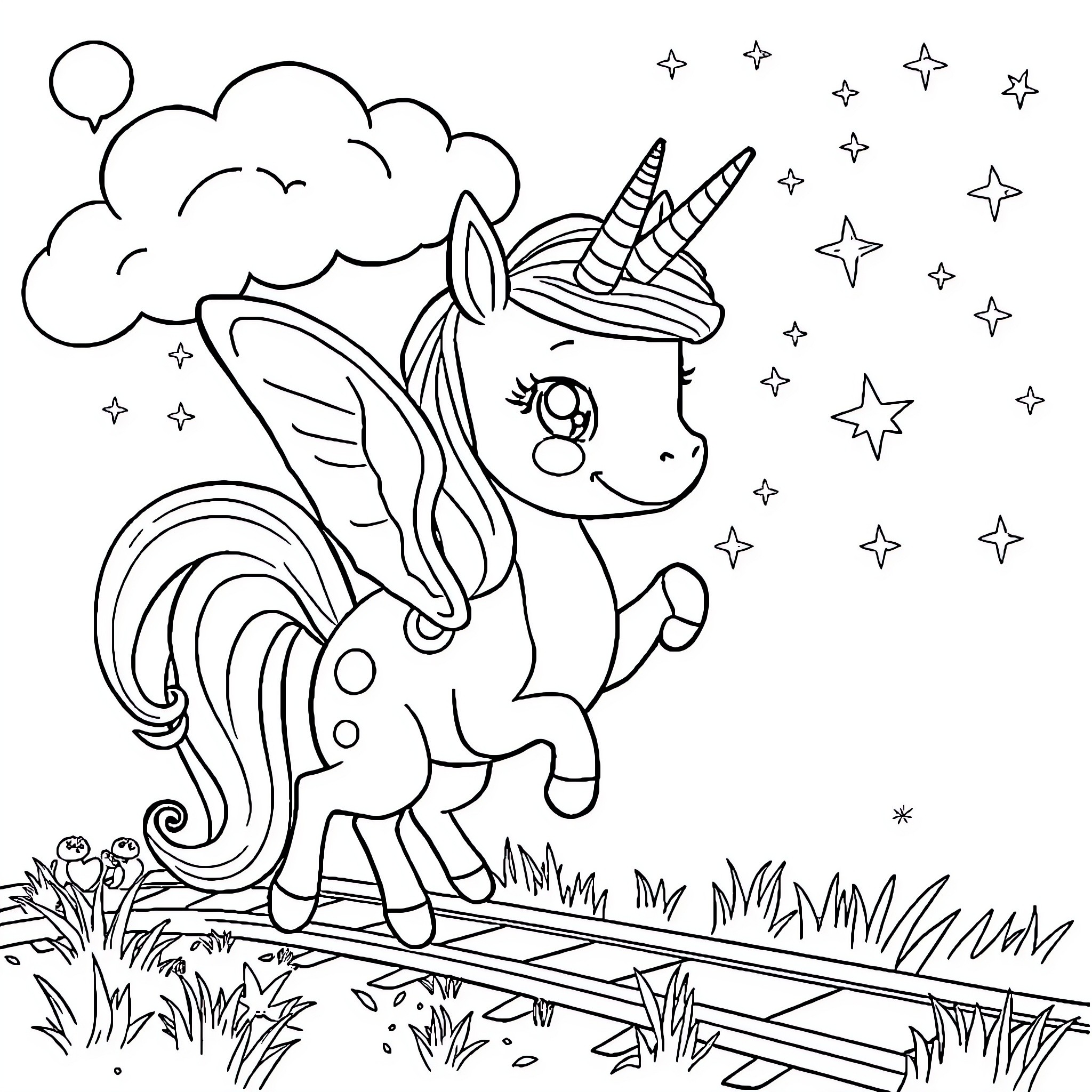 Stella's Magical Unicorn Adventure Coloring Page (free black-and-white line drawing printable PDF for all, from beginners to advanced learners, including children, teens, adults, and seniors)
