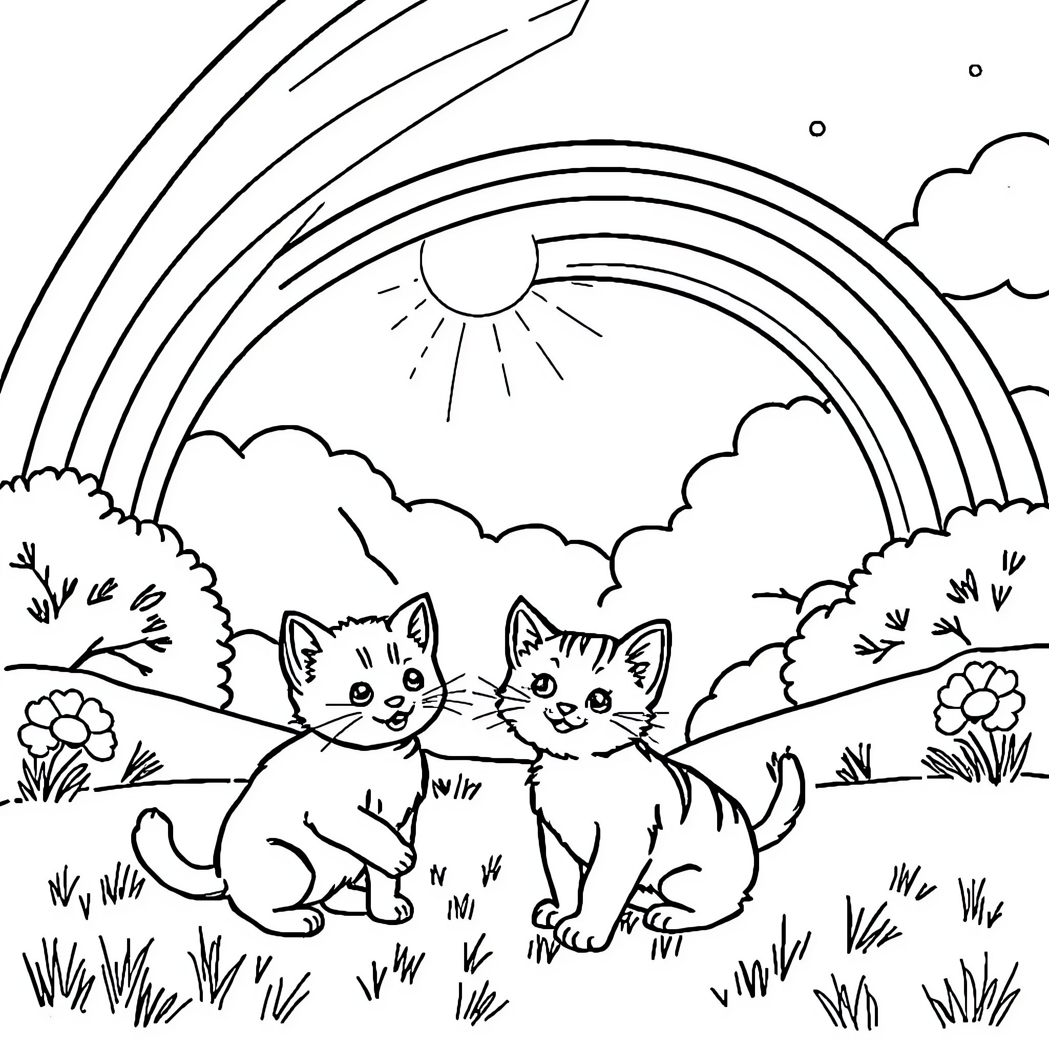Cat kittens exploring natural landscape with rainbow Coloring Page (free black-and-white line drawing printable PDF for all, from beginners to advanced learners, including children, teens, adults, and seniors)