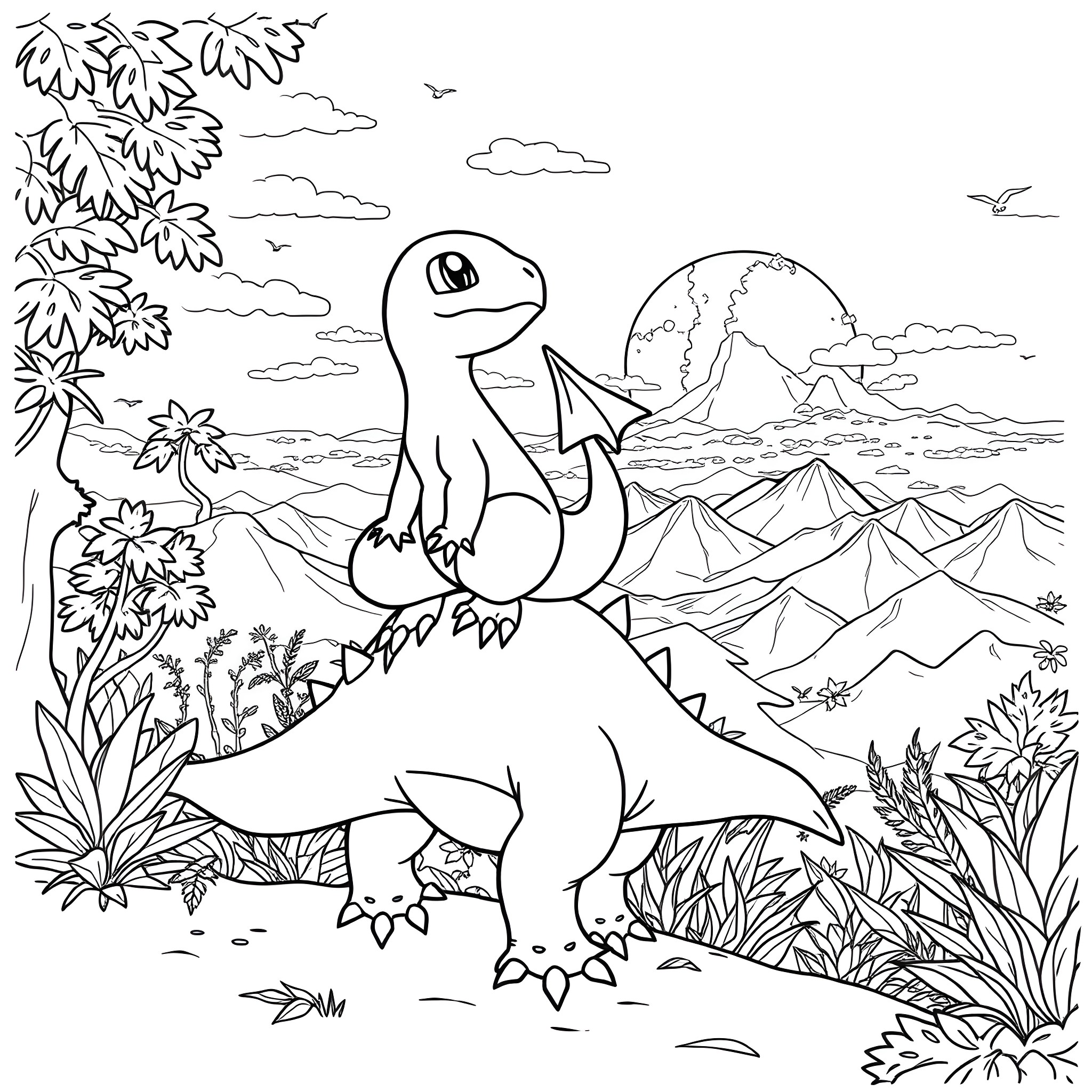 Charmander exploring a prehistoric landscape Coloring Page (free black-and-white line drawing printable PDF for all, from beginners to advanced learners, including children, teens, adults, and seniors)