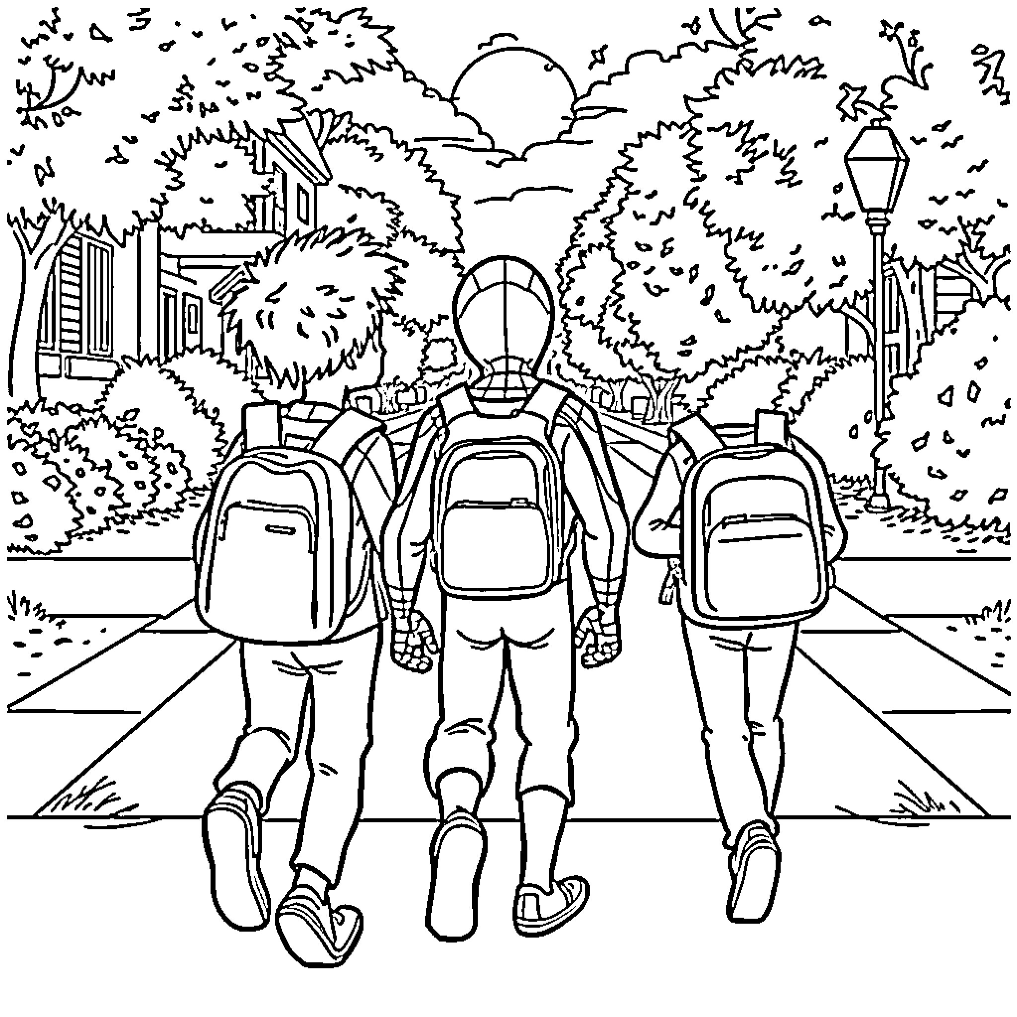 Spiderman and friends explore the city Coloring Page (free black-and-white line drawing printable PDF for all, from beginners to advanced learners, including children, teens, adults, and seniors)