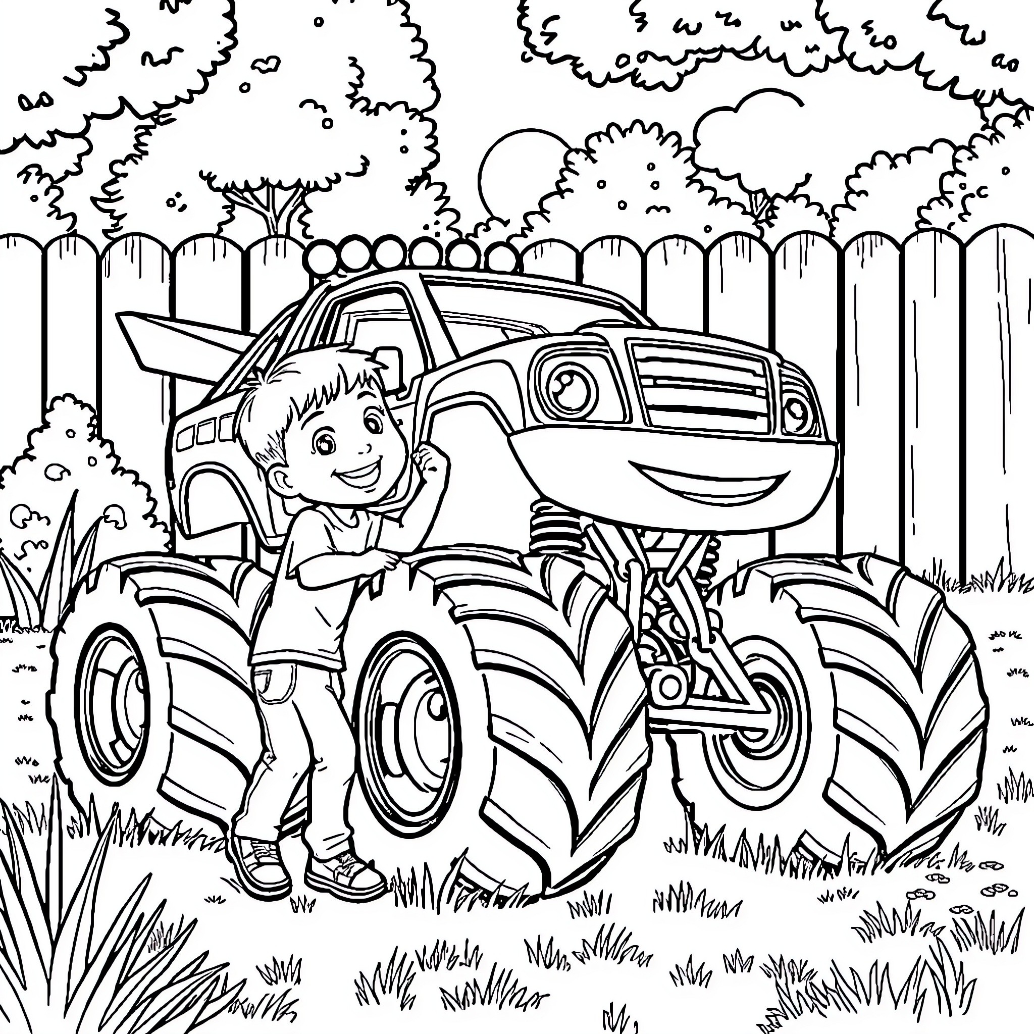 Boy driving monster truck in the woods Coloring Page (free black-and-white line drawing printable PDF for all, from beginners to advanced learners, including children, teens, adults, and seniors)