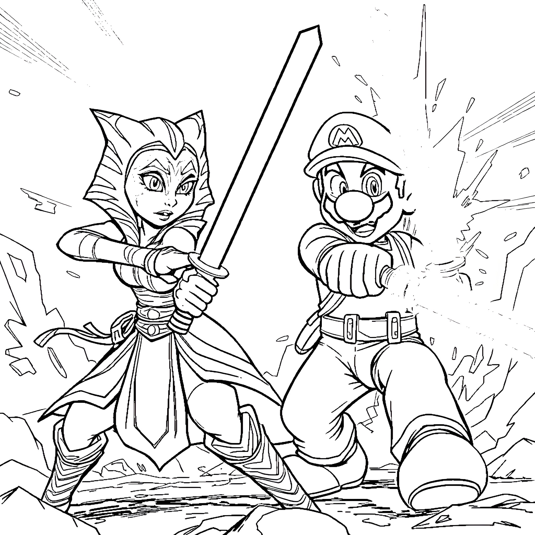 Ahsoka and Mario in epic battle Coloring Page (free black-and-white line drawing printable PDF for all, from beginners to advanced learners, including children, teens, adults, and seniors)