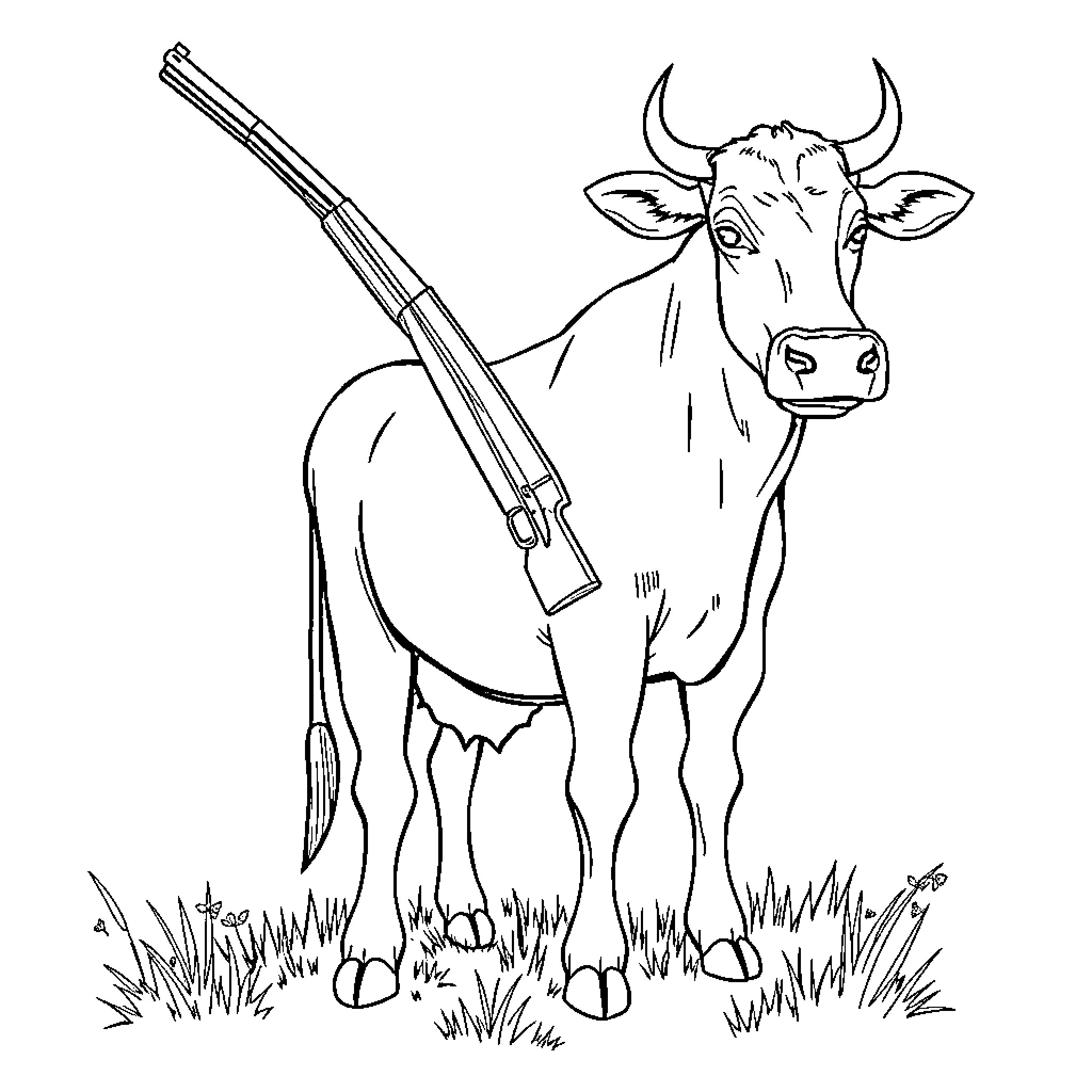 Cow with hunting rifle in the field Coloring Page (free black-and-white line drawing printable PDF for all, from beginners to advanced learners, including children, teens, adults, and seniors)