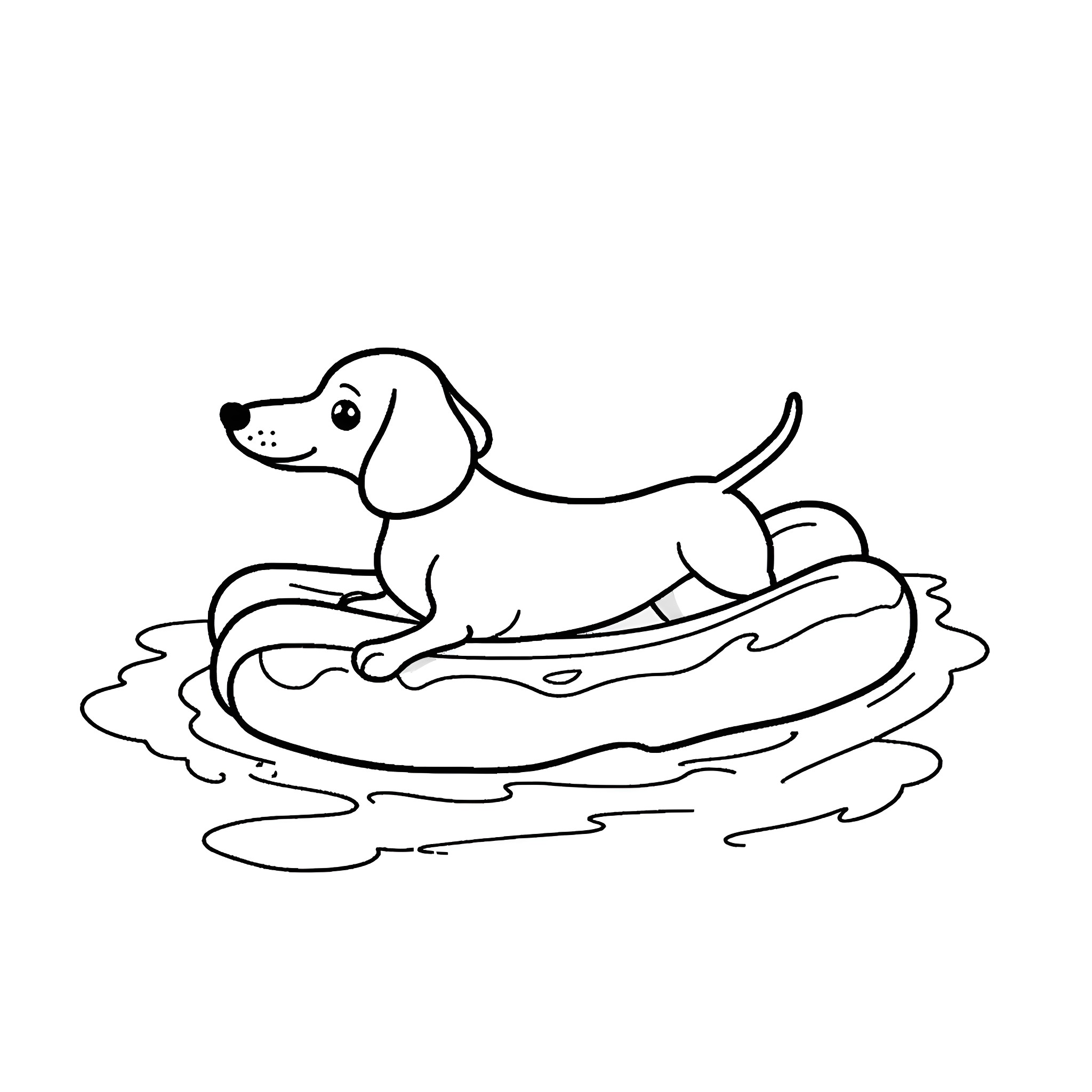 Dachshund relaxing in a pool Coloring Page (free black-and-white line drawing printable PDF for all, from beginners to advanced learners, including children, teens, adults, and seniors)