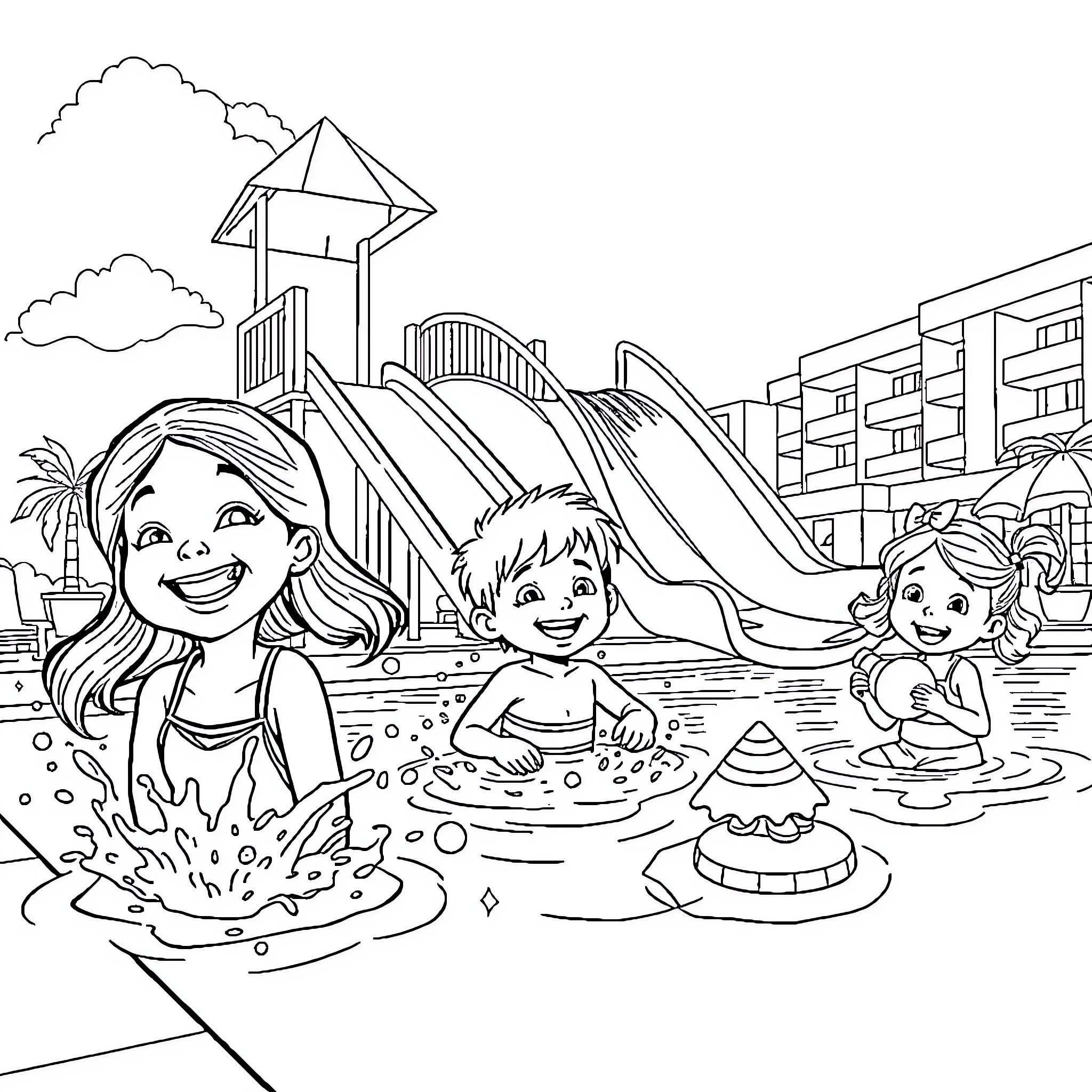 Child Playing Joyfully at the Playground Water Park Coloring Page (free black-and-white line drawing printable PDF for all, from beginners to advanced learners, including children, teens, adults, and seniors)