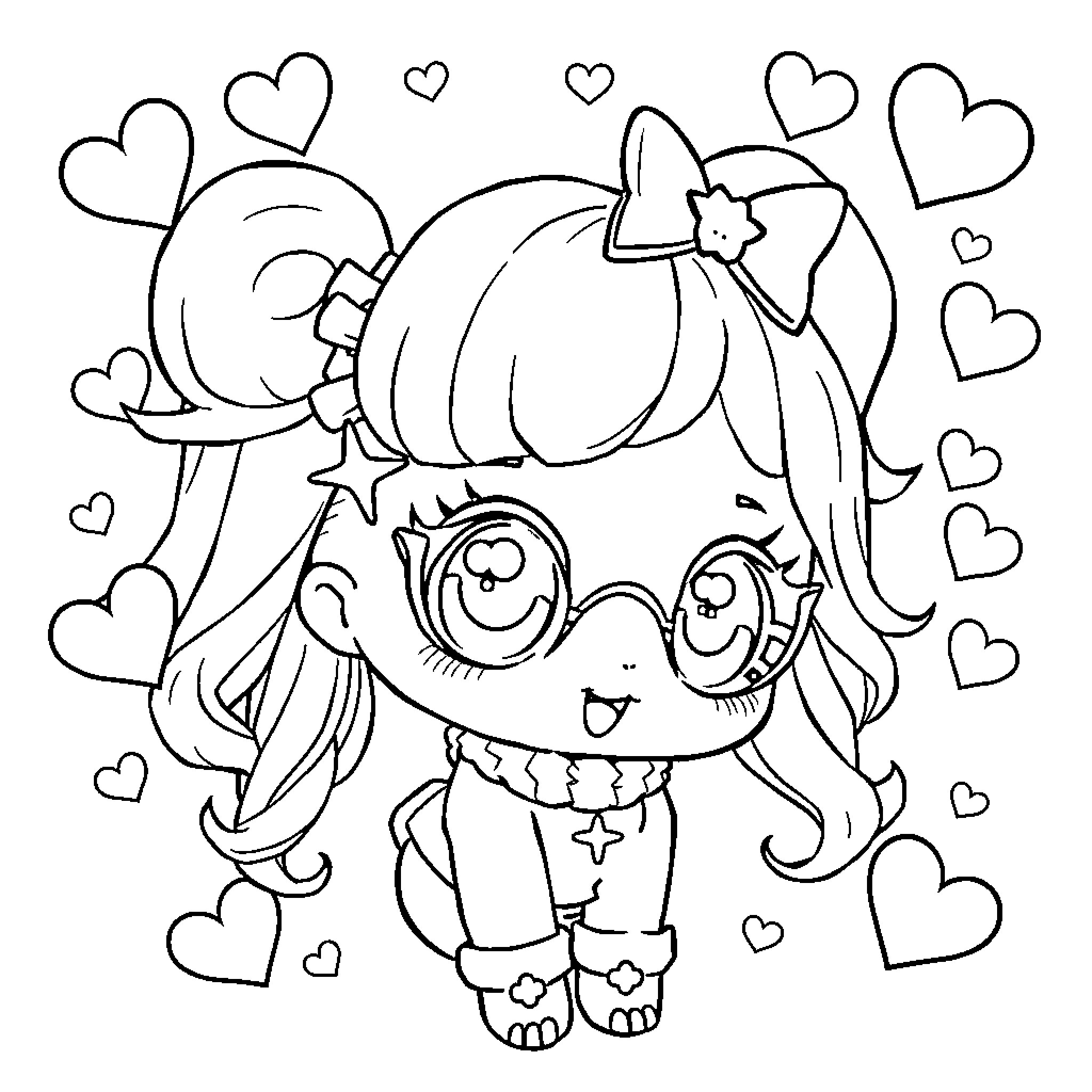 Kawaii Chibi Girl Surrounded by Hearts Coloring Page (free black-and-white line drawing printable PDF for all, from beginners to advanced learners, including children, teens, adults, and seniors)