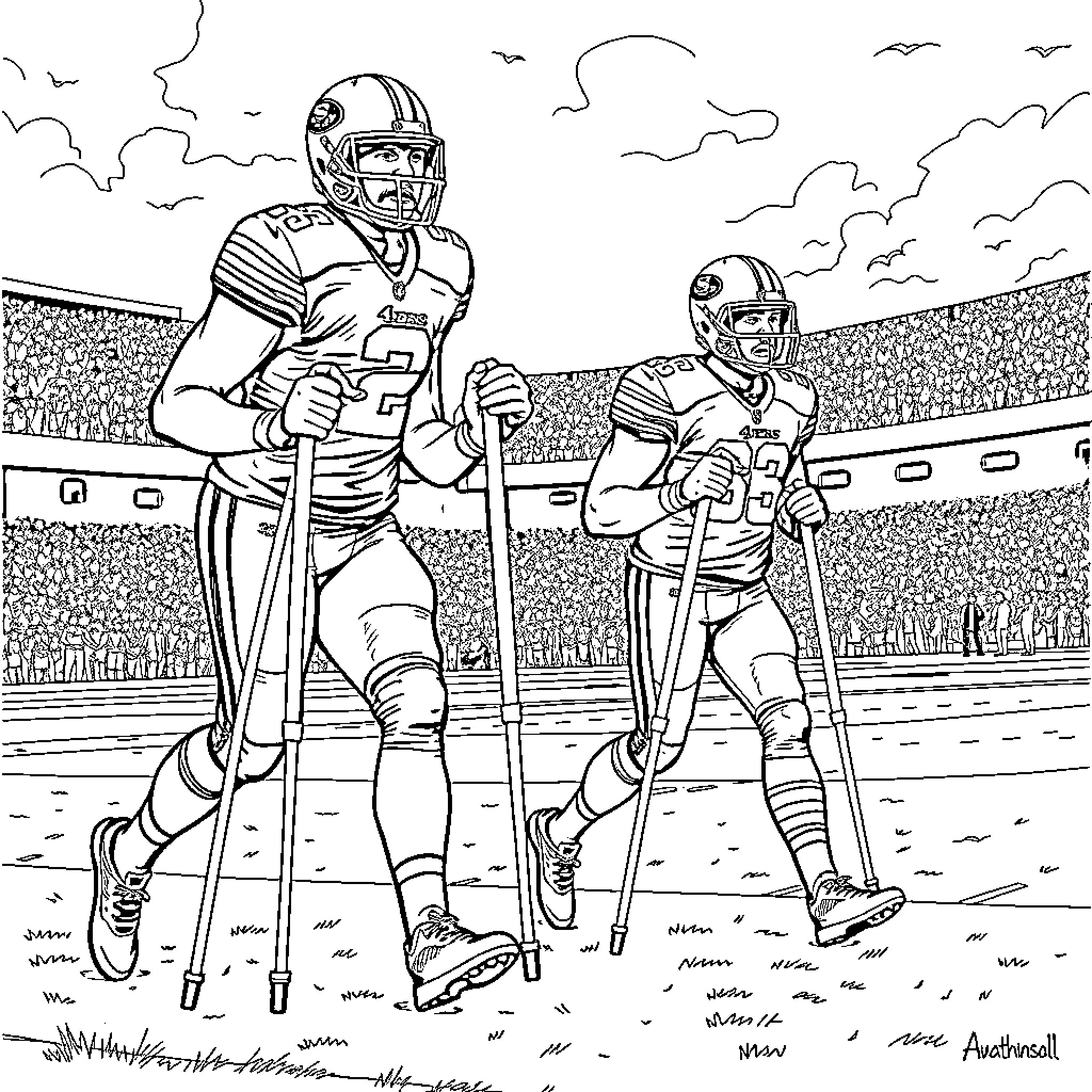 49ers players competing on the football field Coloring Page (free black-and-white line drawing printable PDF for all, from beginners to advanced learners, including children, teens, adults, and seniors)