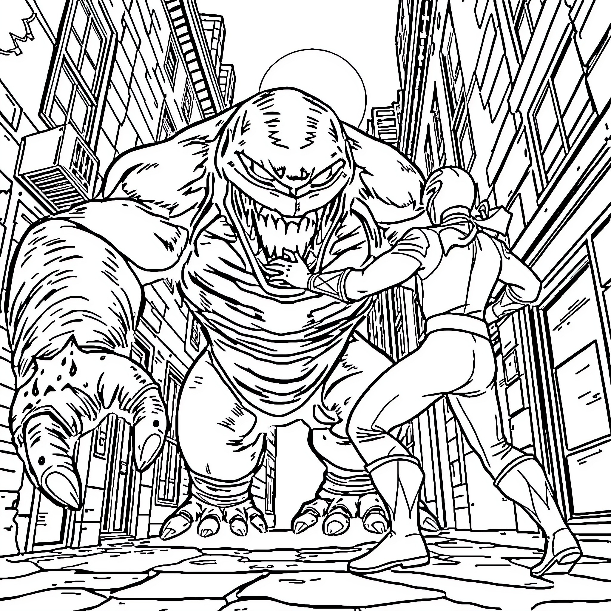 Power Ranger Villain Attacks City Coloring Page (free black-and-white line drawing printable PDF for all, from beginners to advanced learners, including children, teens, adults, and seniors)