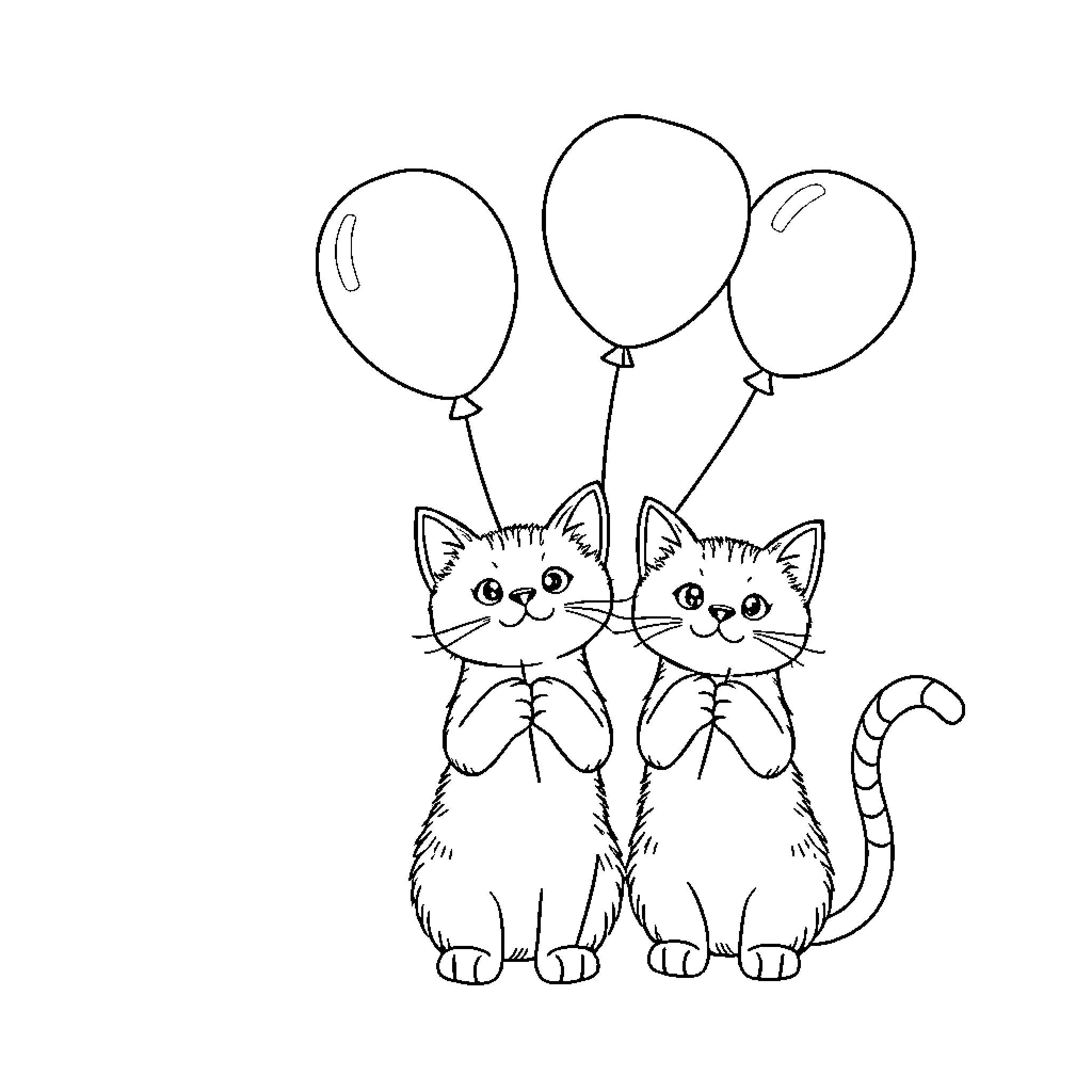 Cat Kittens with Balloons Coloring Page (free black-and-white line drawing printable PDF for all, from beginners to advanced learners, including children, teens, adults, and seniors)