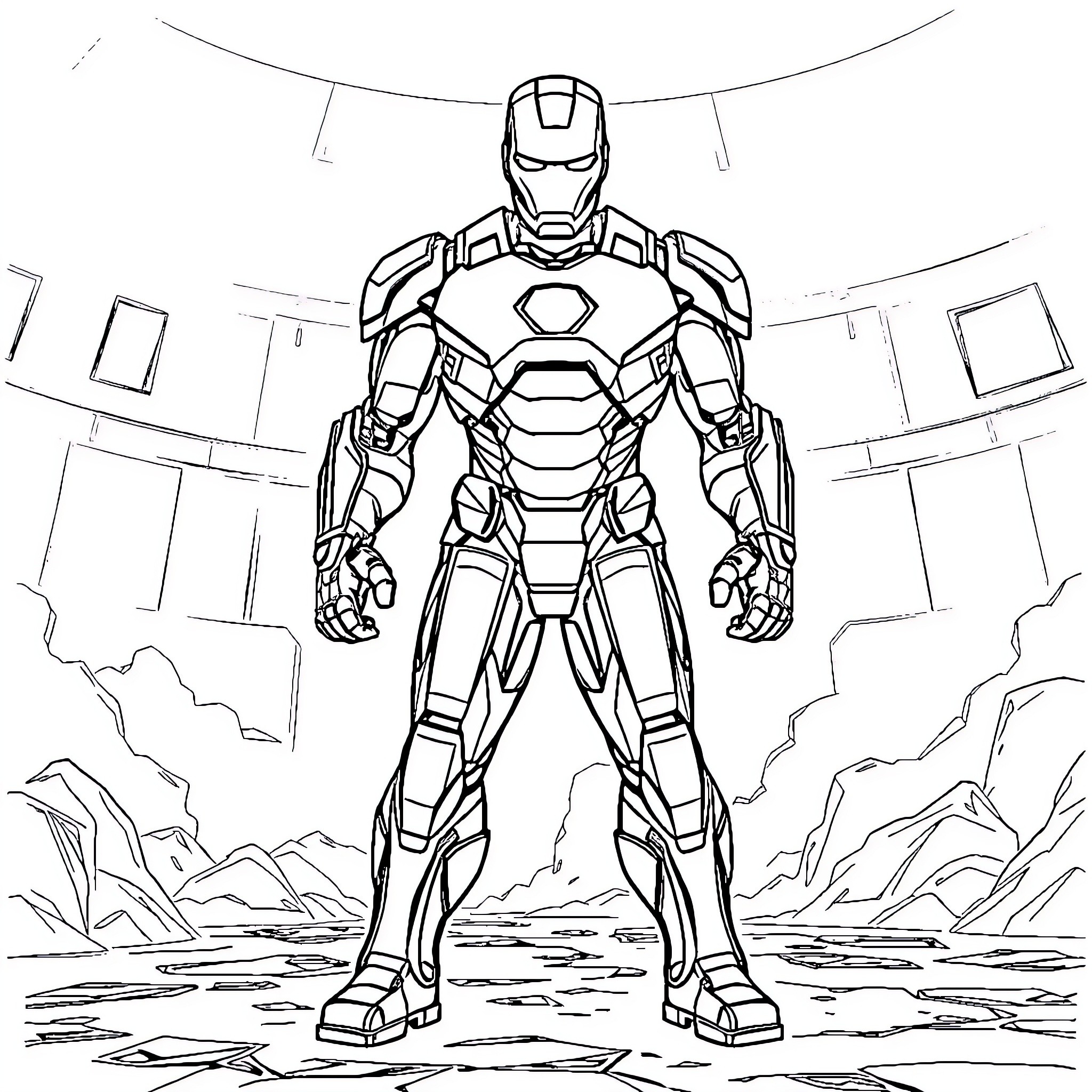 Iron Man standing heroically in a battle-ready pose Coloring Page (free black-and-white line drawing printable PDF for all, from beginners to advanced learners, including children, teens, adults, and seniors)