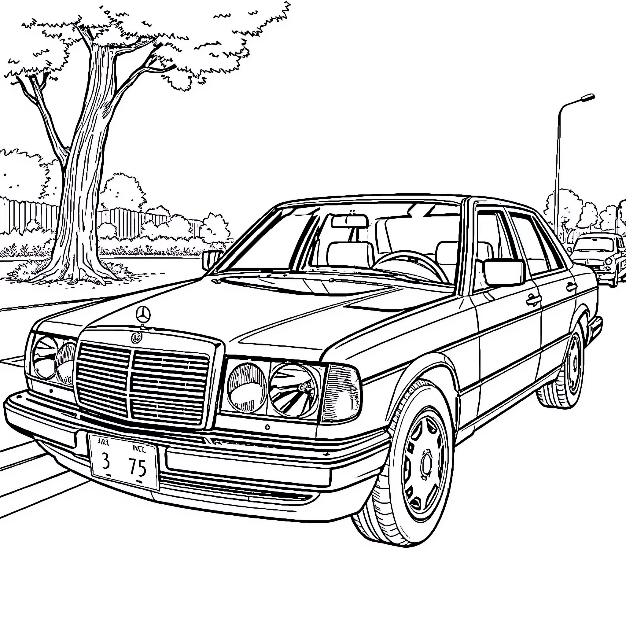 Mercedes 190e parked on a city street Coloring Page (free black-and-white line drawing printable PDF for all, from beginners to advanced learners, including children, teens, adults, and seniors)