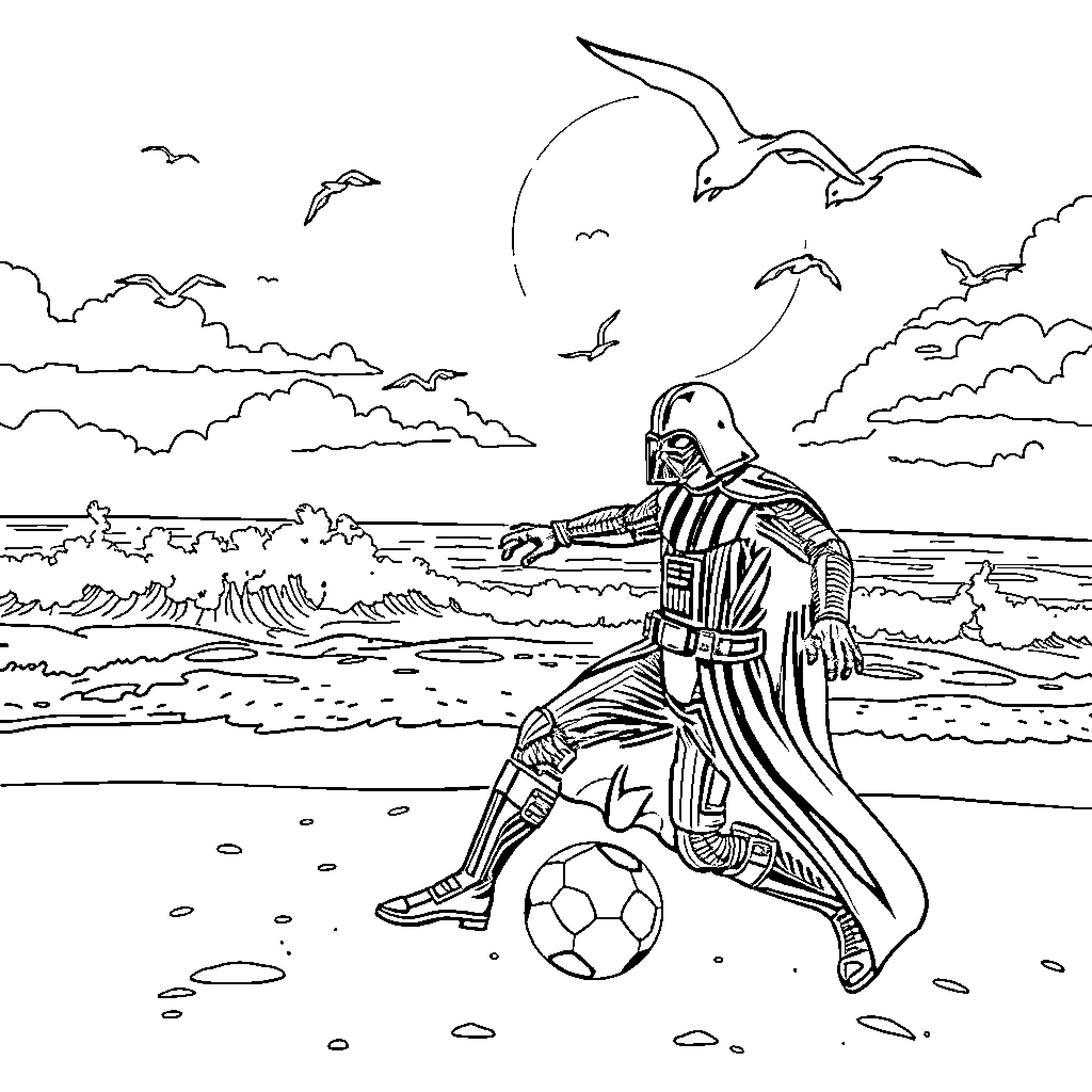 Darth Vader playing soccer on the beach Coloring Page (free black-and-white line drawing printable PDF for all, from beginners to advanced learners, including children, teens, adults, and seniors)