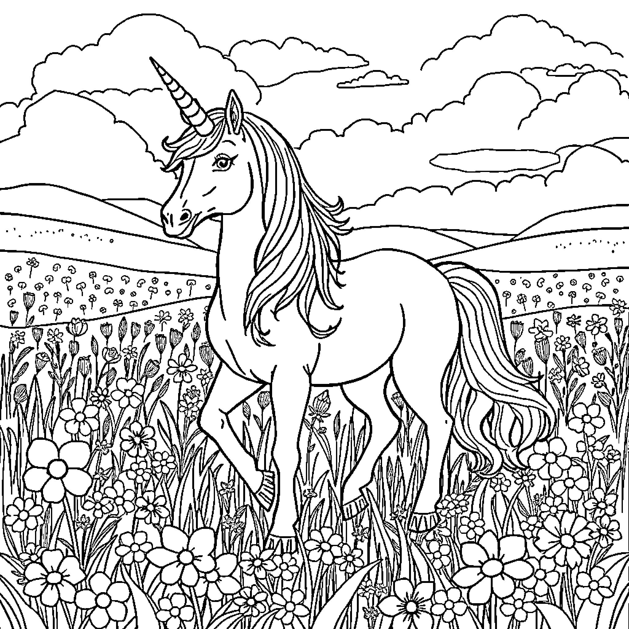 Unicorn trotting through a field of flowers Coloring Page (free black-and-white line drawing printable PDF for all, from beginners to advanced learners, including children, teens, adults, and seniors)