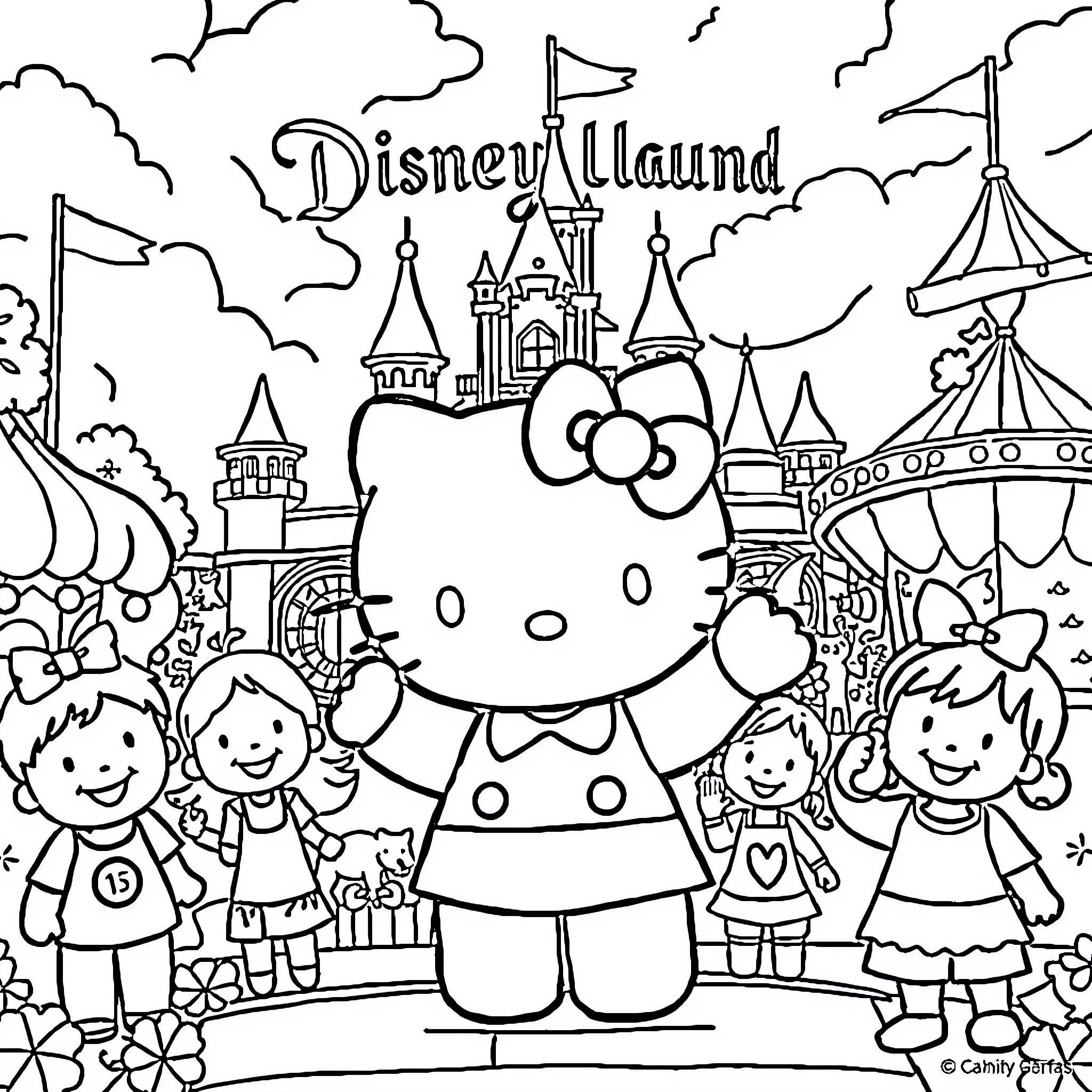 Hello Kitty's magical day at Disneyland Coloring Page (free black-and-white line drawing printable PDF for all, from beginners to advanced learners, including children, teens, adults, and seniors)