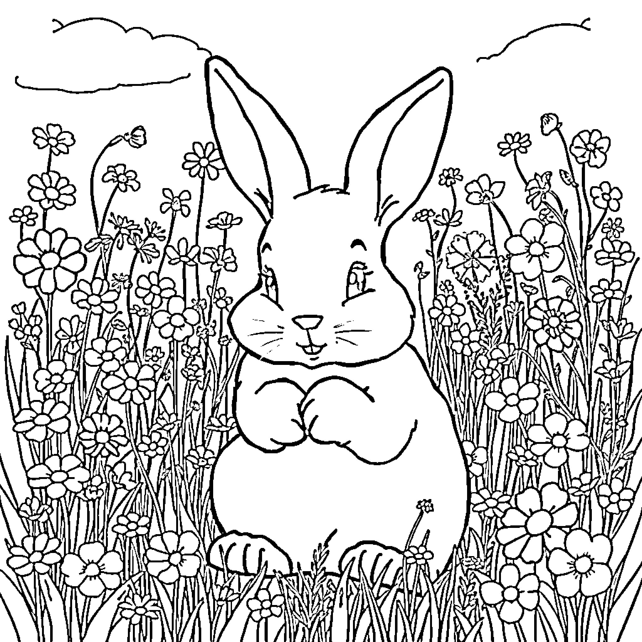Bunny Sitting Amidst Blooming Flowers Coloring Page (free black-and-white line drawing printable PDF for all, from beginners to advanced learners, including children, teens, adults, and seniors)