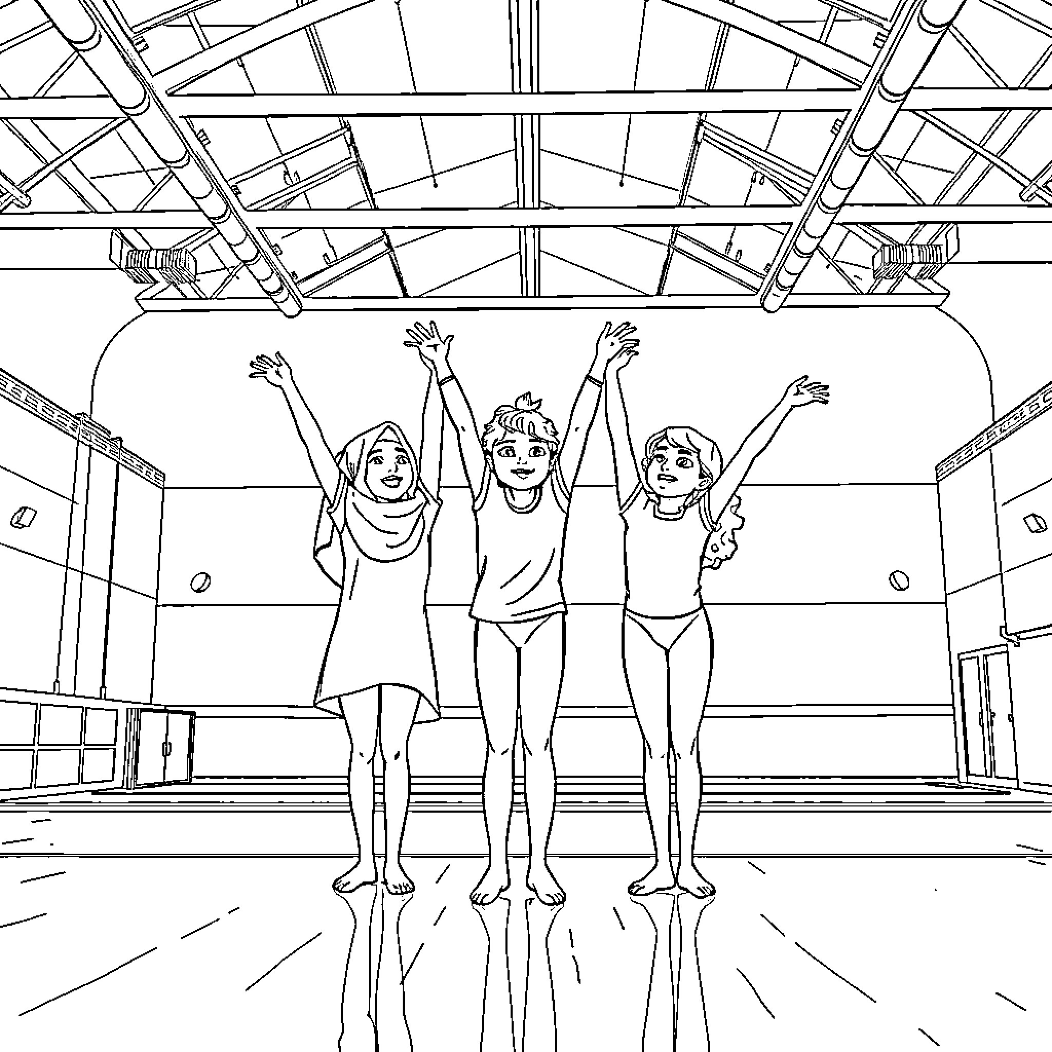 Gymnastics trio performing in practice hall Coloring Page (free black-and-white line drawing printable PDF for all, from beginners to advanced learners, including children, teens, adults, and seniors)