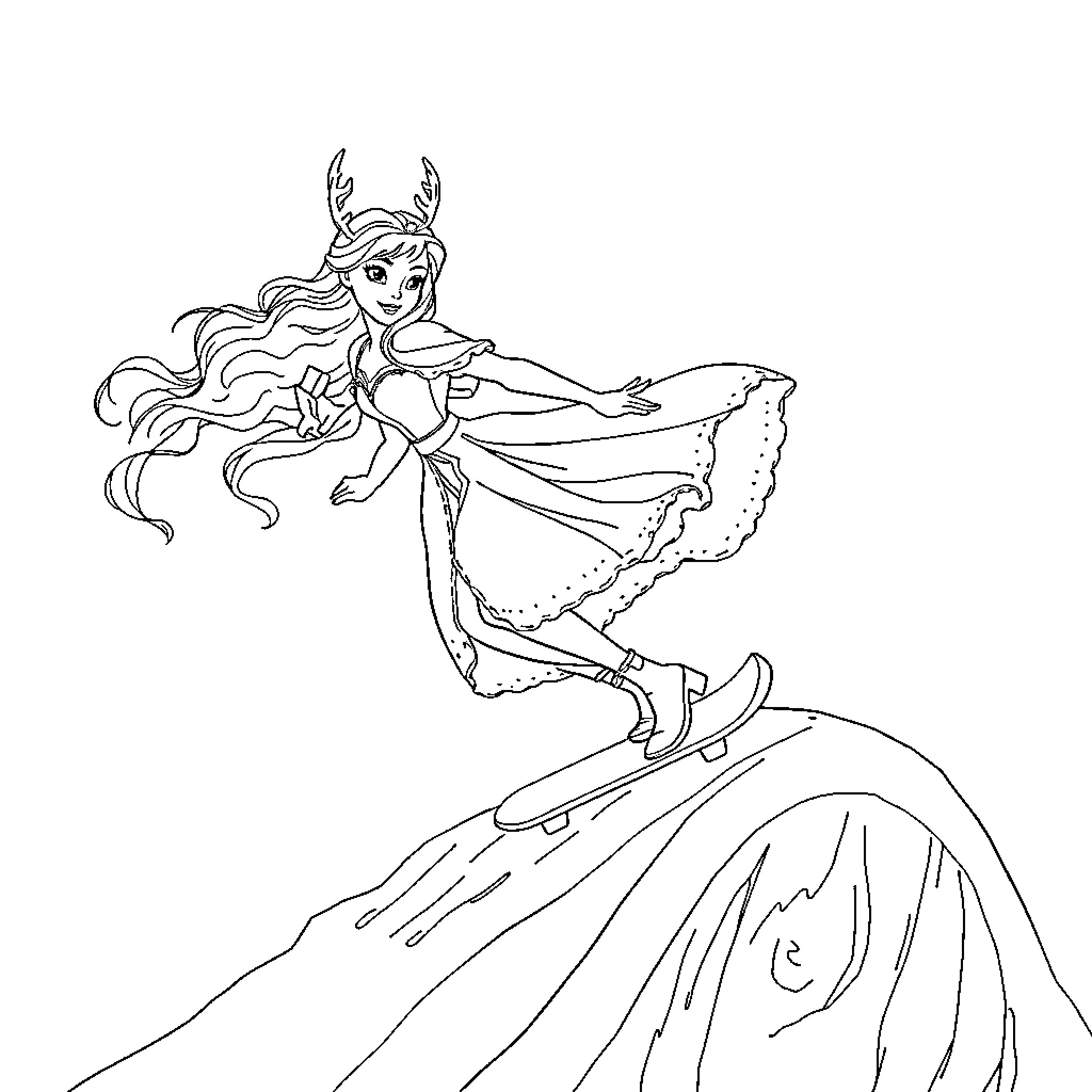 Snow Queen gracefully gliding on an icy stage Coloring Page (free black-and-white line drawing printable PDF for all, from beginners to advanced learners, including children, teens, adults, and seniors)