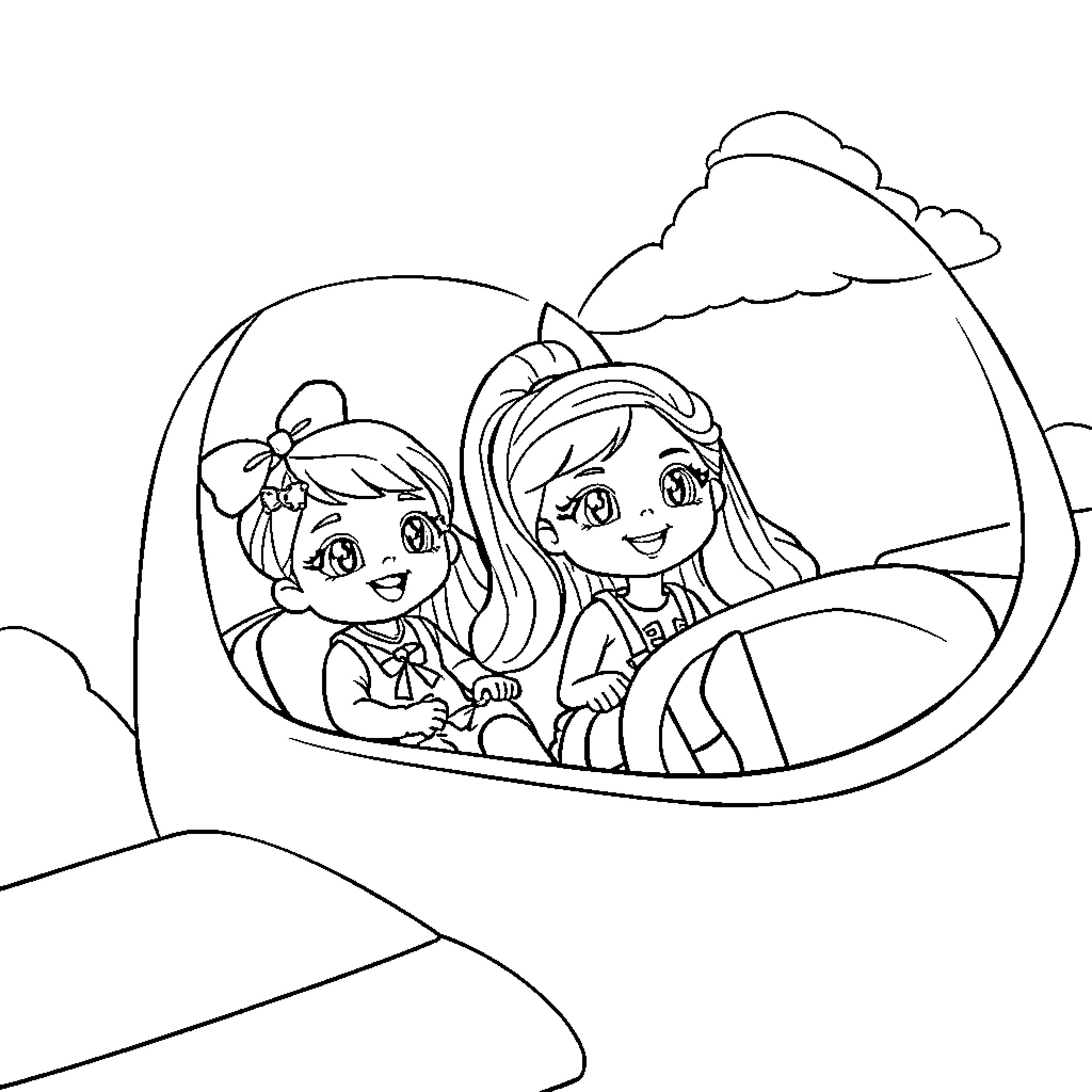 Gabby Dollhouse: Friends Enjoying a Scenic Adventure Coloring Page (free black-and-white line drawing printable PDF for all, from beginners to advanced learners, including children, teens, adults, and seniors)