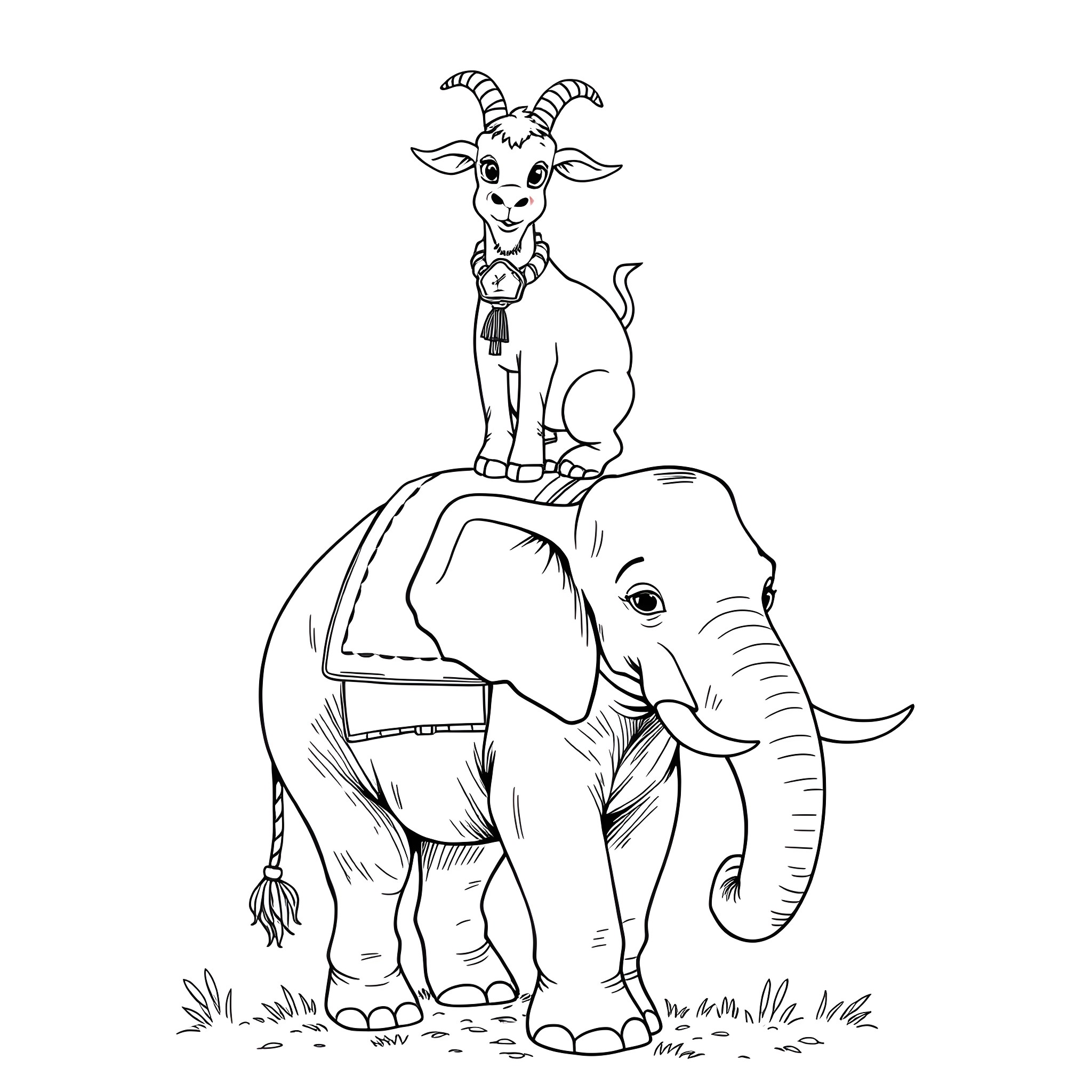 Goat riding on top of an elephant Coloring Page (free black-and-white line drawing printable PDF for all, from beginners to advanced learners, including children, teens, adults, and seniors)