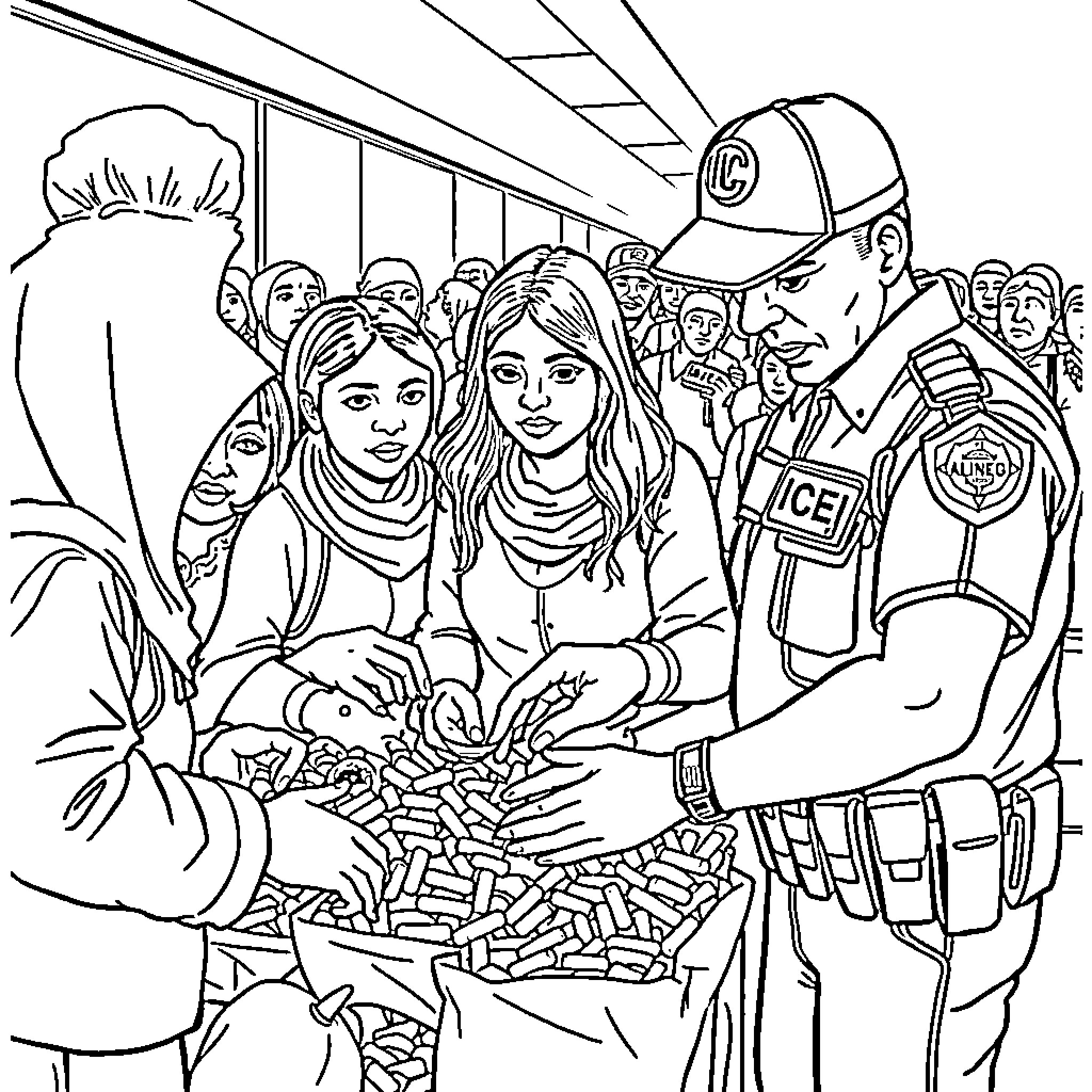 Migrant Workers Detained and Searched by Police Officers Coloring Page (free black-and-white line drawing printable PDF for all, from beginners to advanced learners, including children, teens, adults, and seniors)
