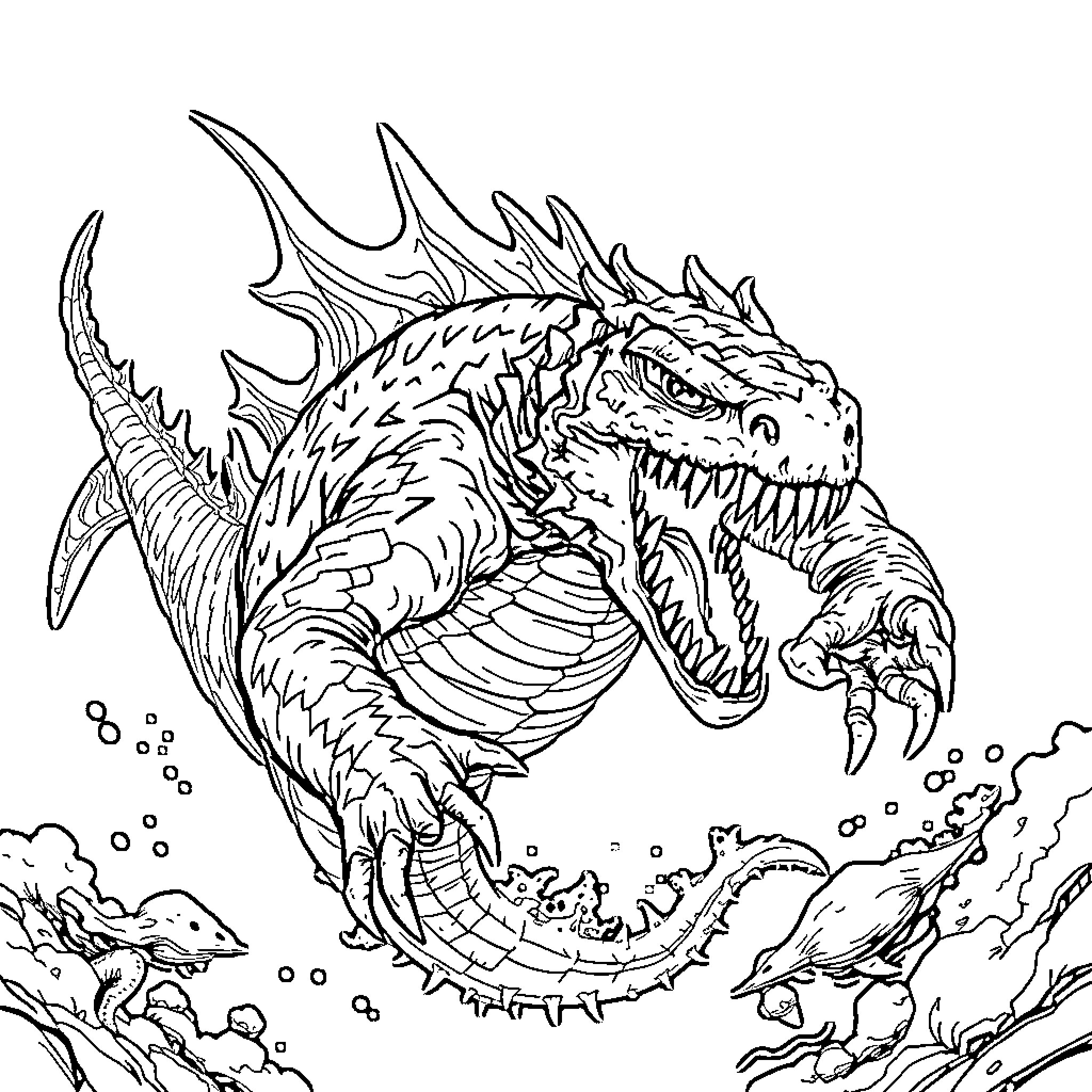 Monster sea creature with teeth and spines attacking Coloring Page (free black-and-white line drawing printable PDF for all, from beginners to advanced learners, including children, teens, adults, and seniors)